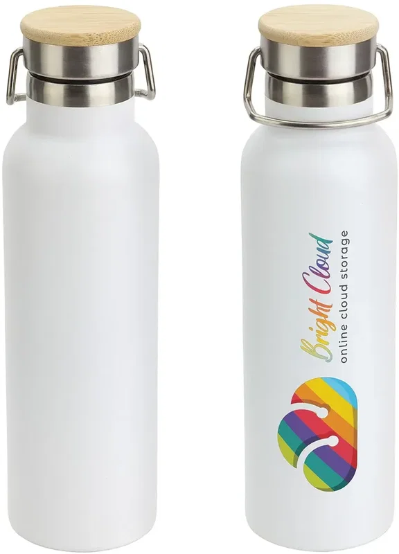 Branded Barona stainless bottle showing the bamboo lid, promotional logo drinkware