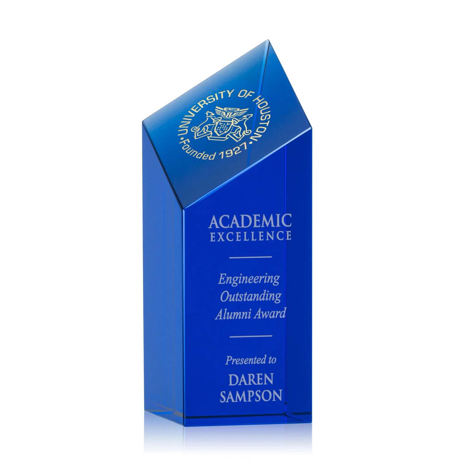Custom Optical Crystal Tower Award with a Slanted Diamond Top for volunteer appreciation