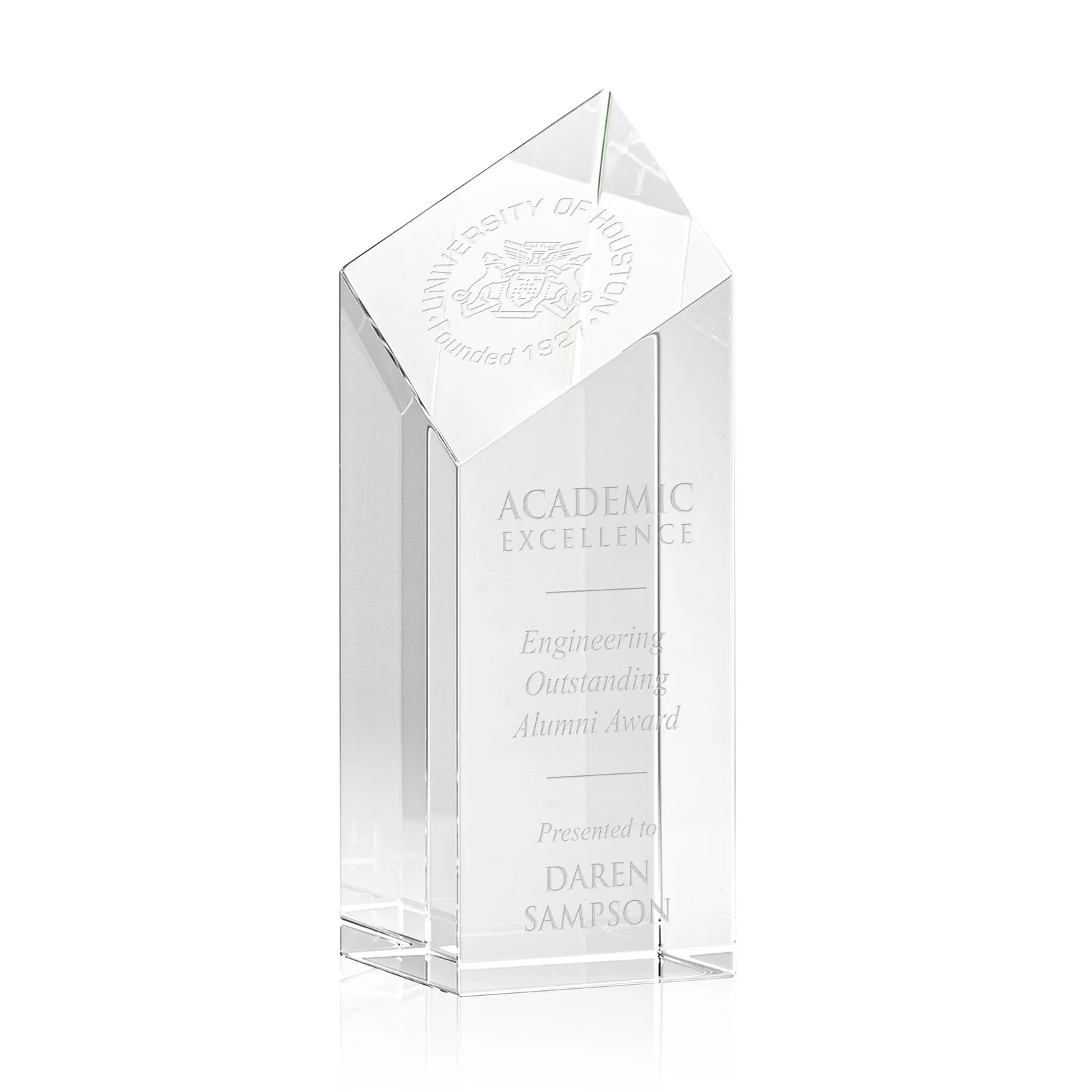 Custom Optical Crystal Tower Award with a Slanted Diamond Top for sales achievement awards