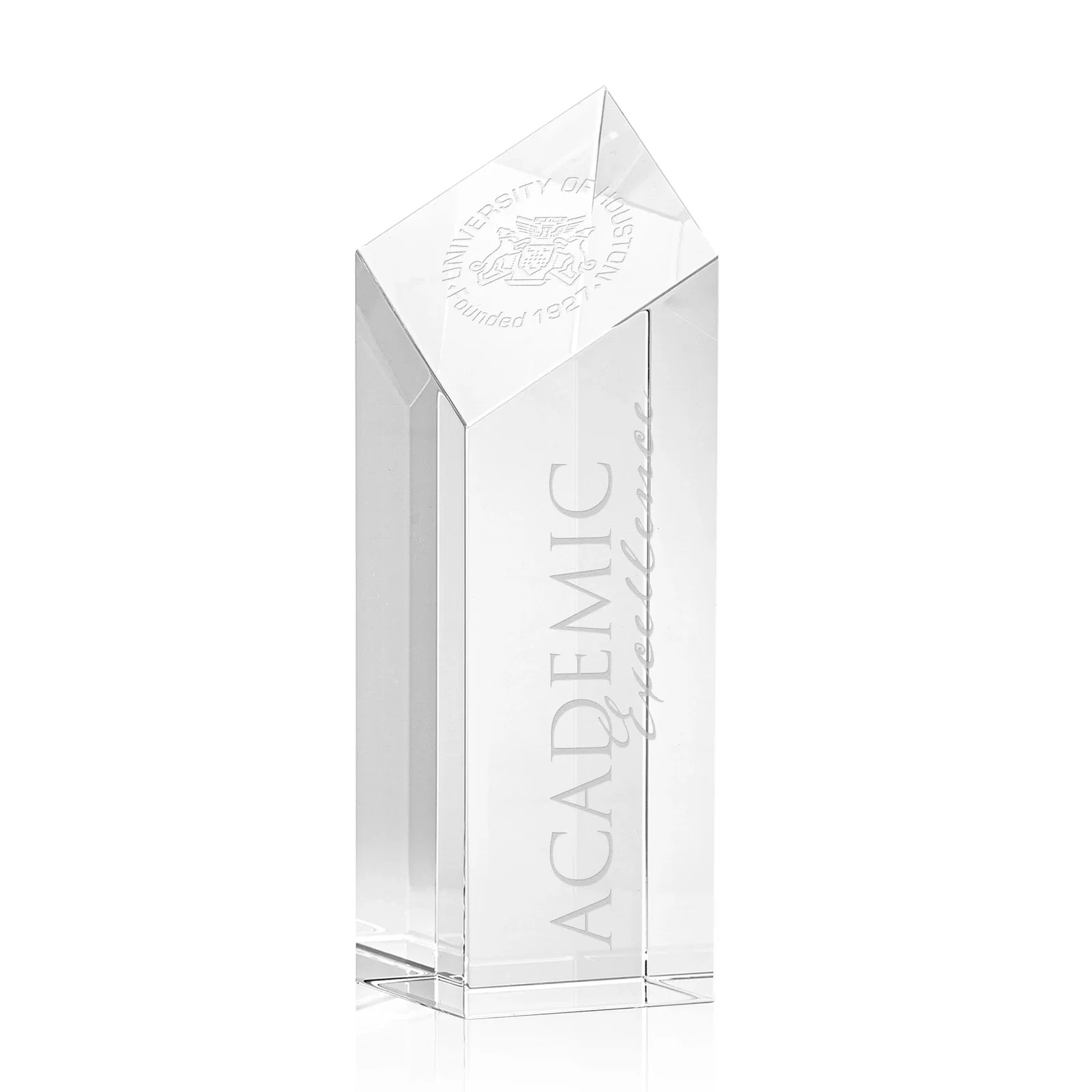 Custom Optical Crystal Tower Award with a Slanted Diamond Top for retirement presentations