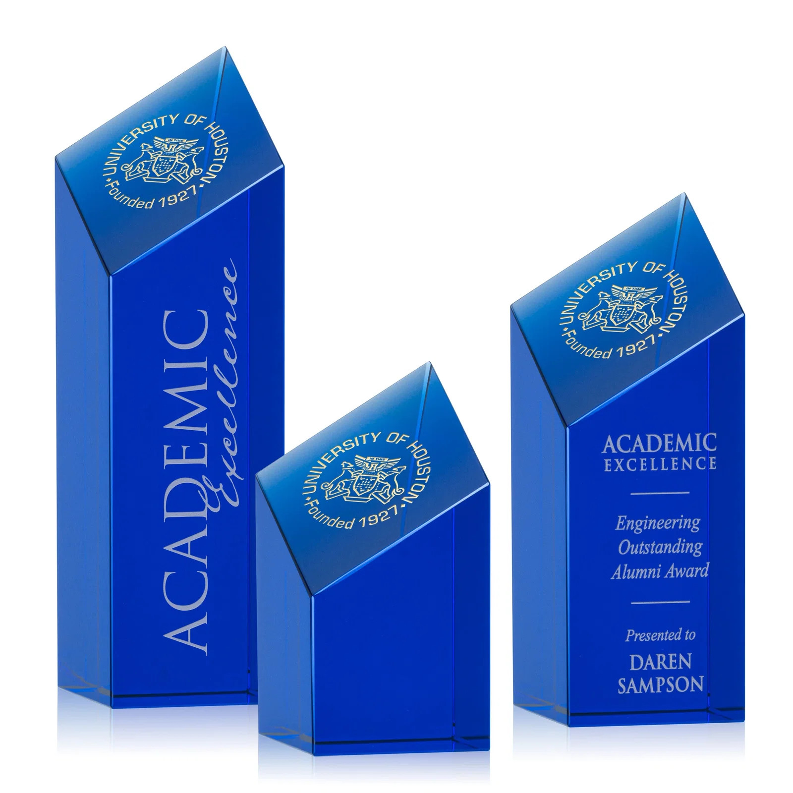 Custom Optical Crystal Tower Award with a Slanted Diamond Top for graduation ceremonies