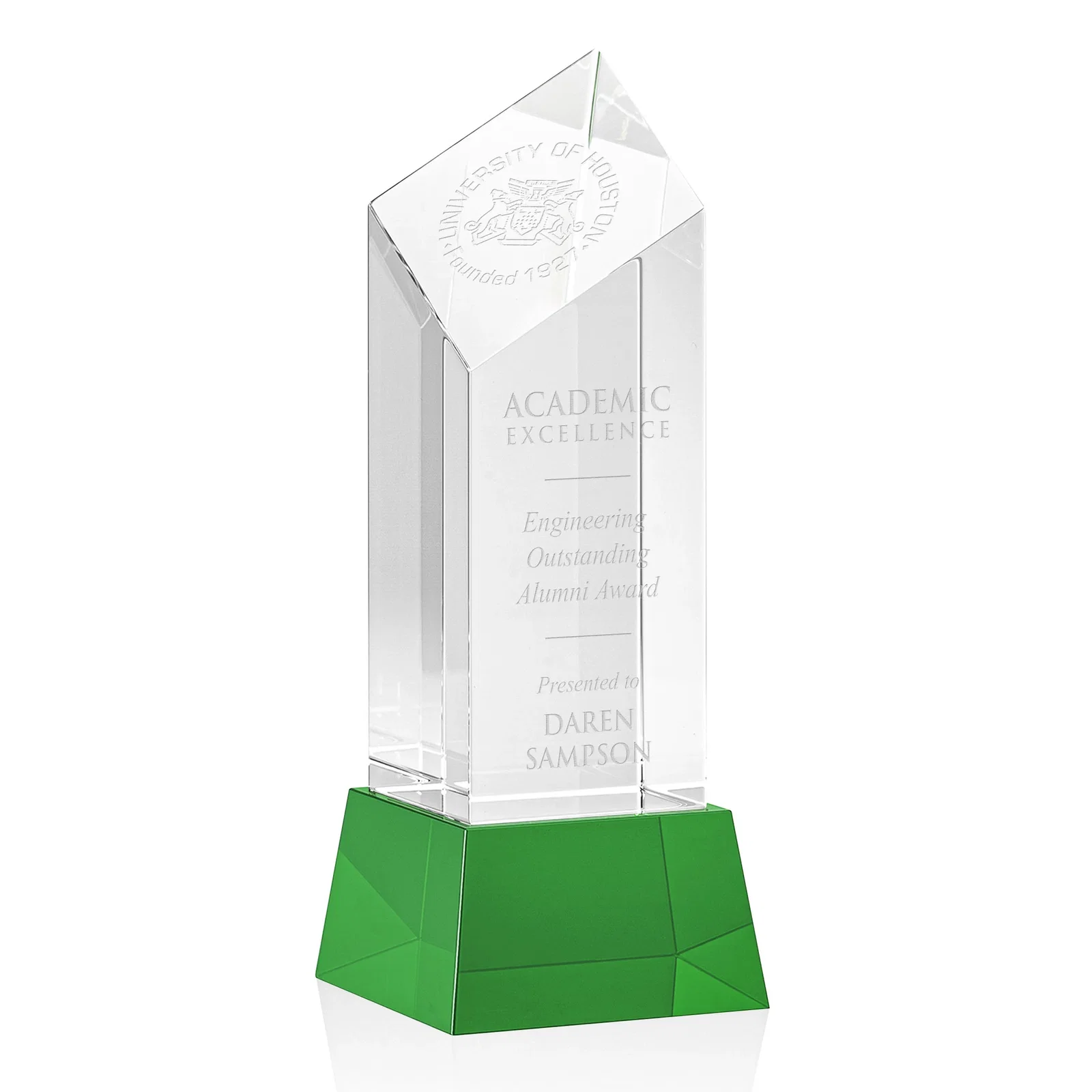 Custom Optical Crystal Diamond Tower Award with Flat-Top Engraving for dealer and partner awards