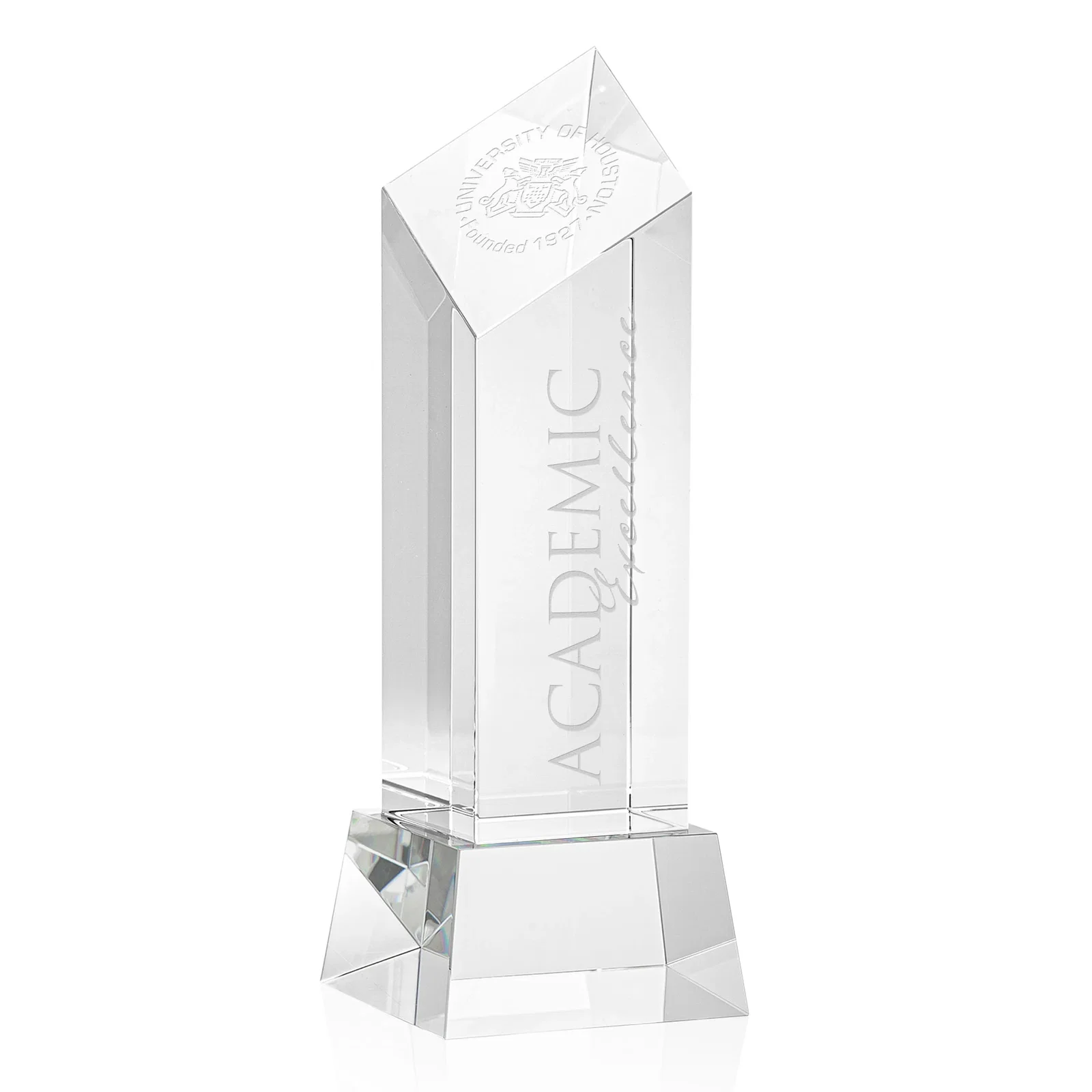 Custom Optical Crystal Diamond Tower Award with Flat-Top Engraving for retirement presentations