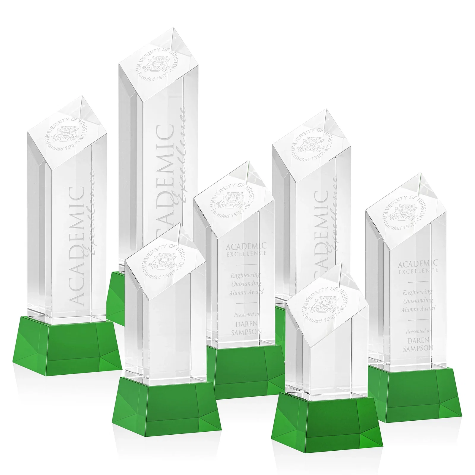 Custom Optical Crystal Diamond Tower Award with Flat-Top Engraving for graduation ceremonies