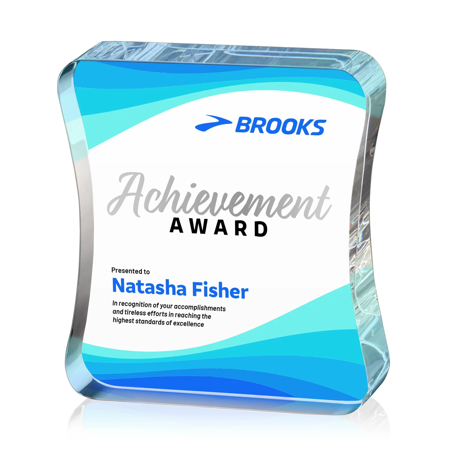 Custom Optical Crystal Rectangle Award with an Inward-Curved Face, desk awards for company anniversary events