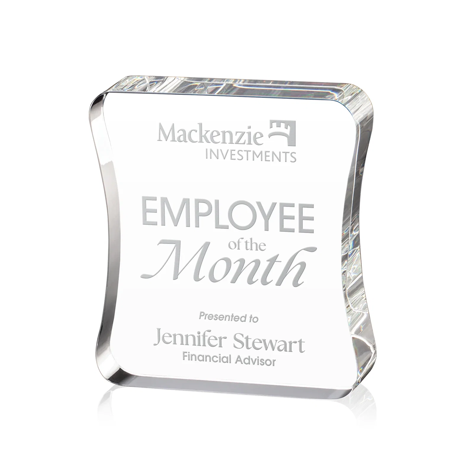 Custom Optical Crystal Rectangle Award with an Inward-Curved Face, desk awards for service anniversary gifts
