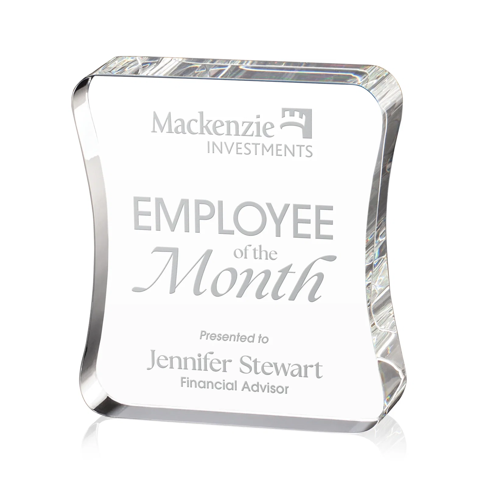 Custom Optical Crystal Rectangle Award with an Inward-Curved Face, desk awards for retirement presentations