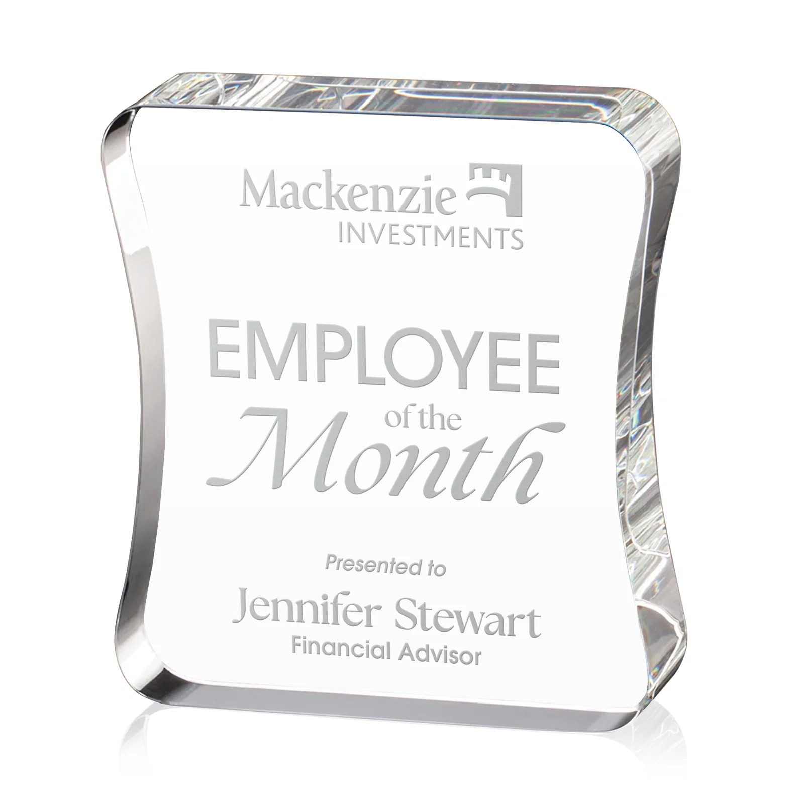 Custom Optical Crystal Rectangle Award with an Inward-Curved Face, desk awards for team milestone celebrations