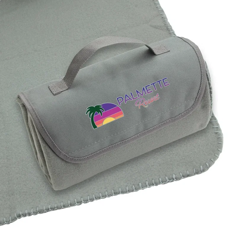 Custom Barrel roll-up fleece blanket detail of the soft polyester fleece, branded promotional throw