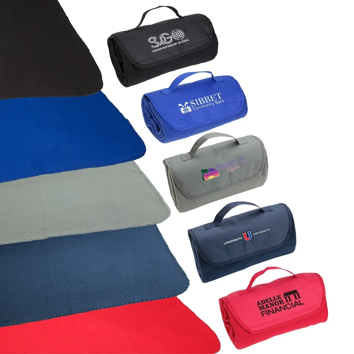 Barrel Roll-Up custom fleece blanket, branded polyester throw rolled with strap, front view