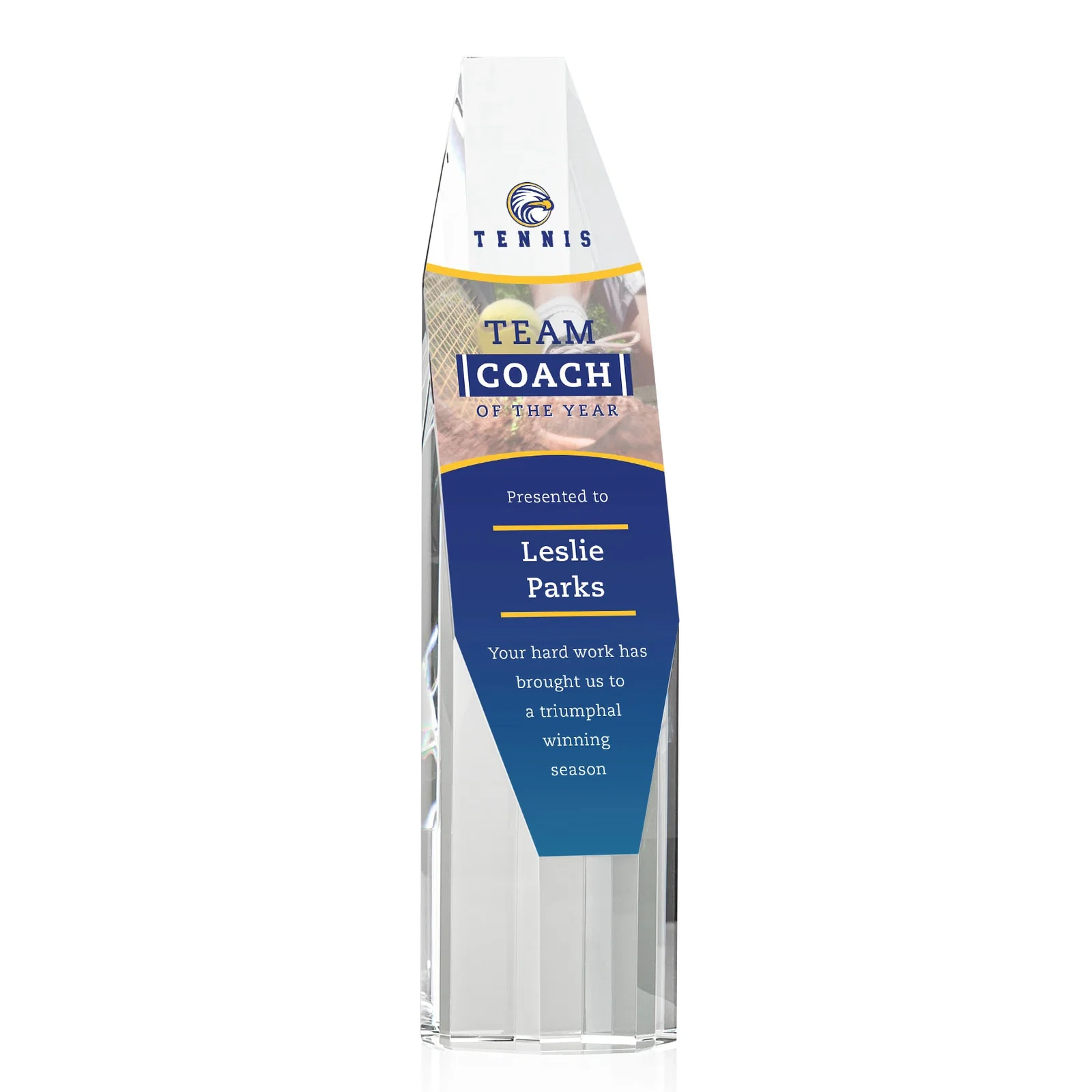 Custom Optical Crystal Obelisk Award With Diamond-Shaped Etch Face for volunteer appreciation