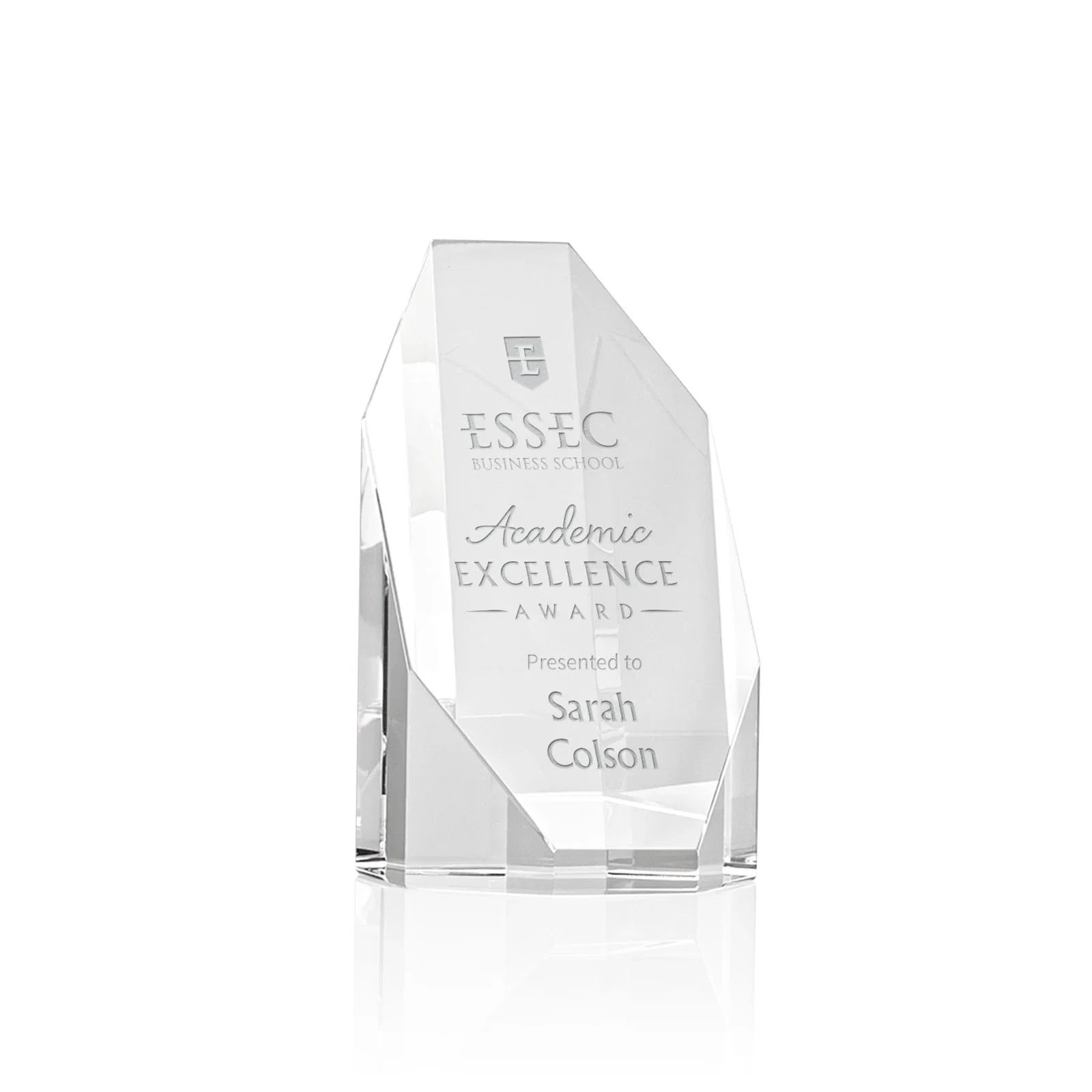 Custom Optical Crystal Obelisk Award With Diamond-Shaped Etch Face for corporate award ceremonies