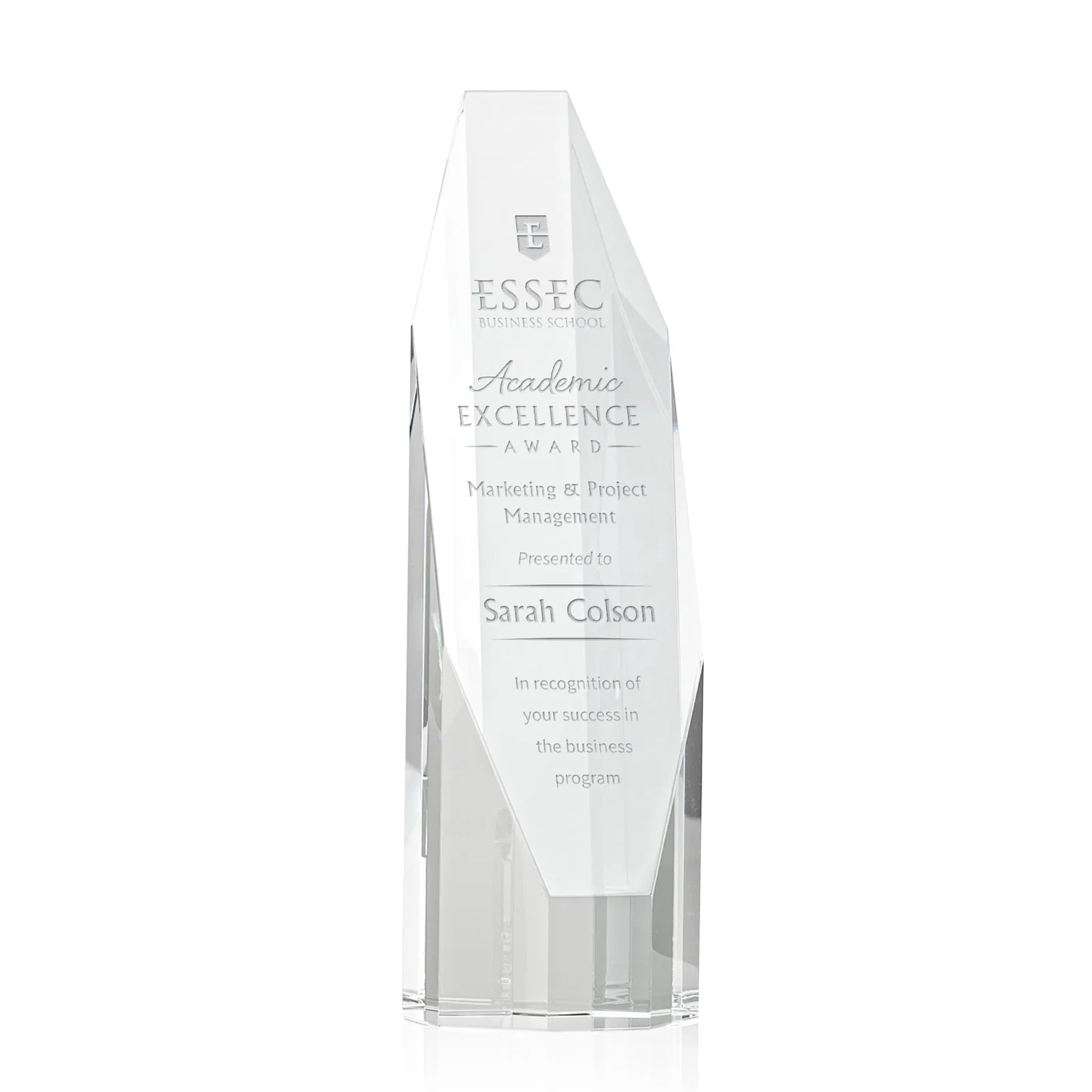 Custom Optical Crystal Obelisk Award With Diamond-Shaped Etch Face for sales achievement awards