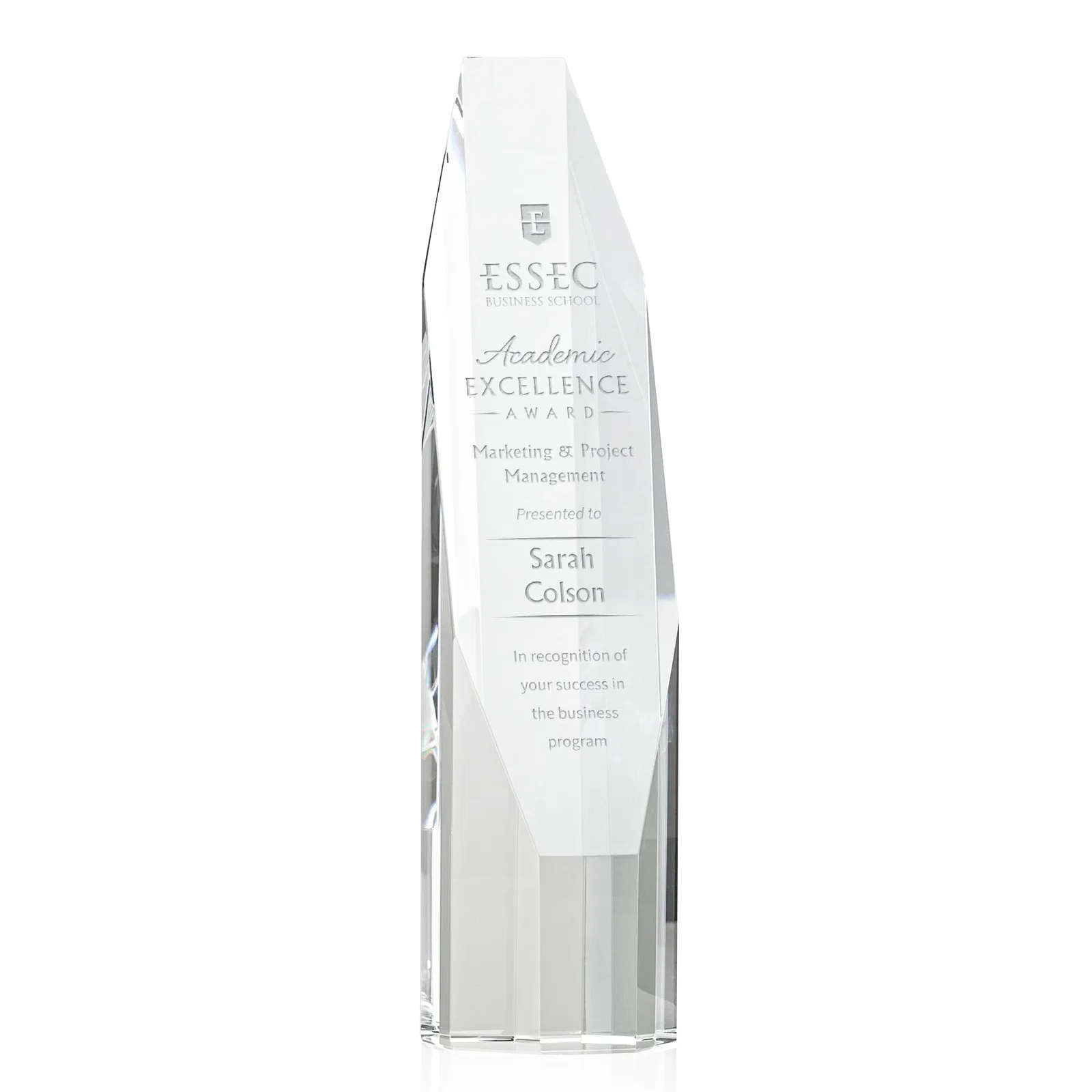 Custom Optical Crystal Obelisk Award With Diamond-Shaped Etch Face for retirement presentations