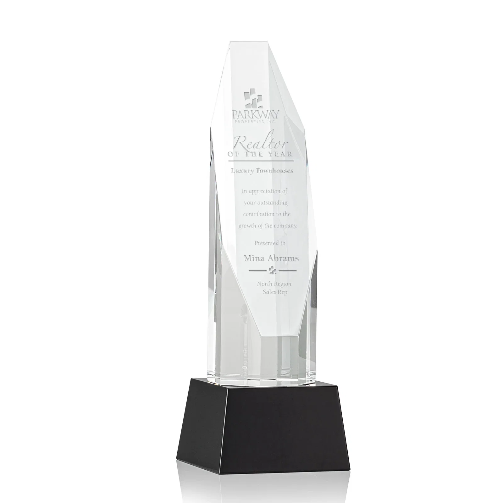 Personalized Optical Crystal Obelisk Award with Sheered Octagonal Diamond Face for corporate award ceremonies