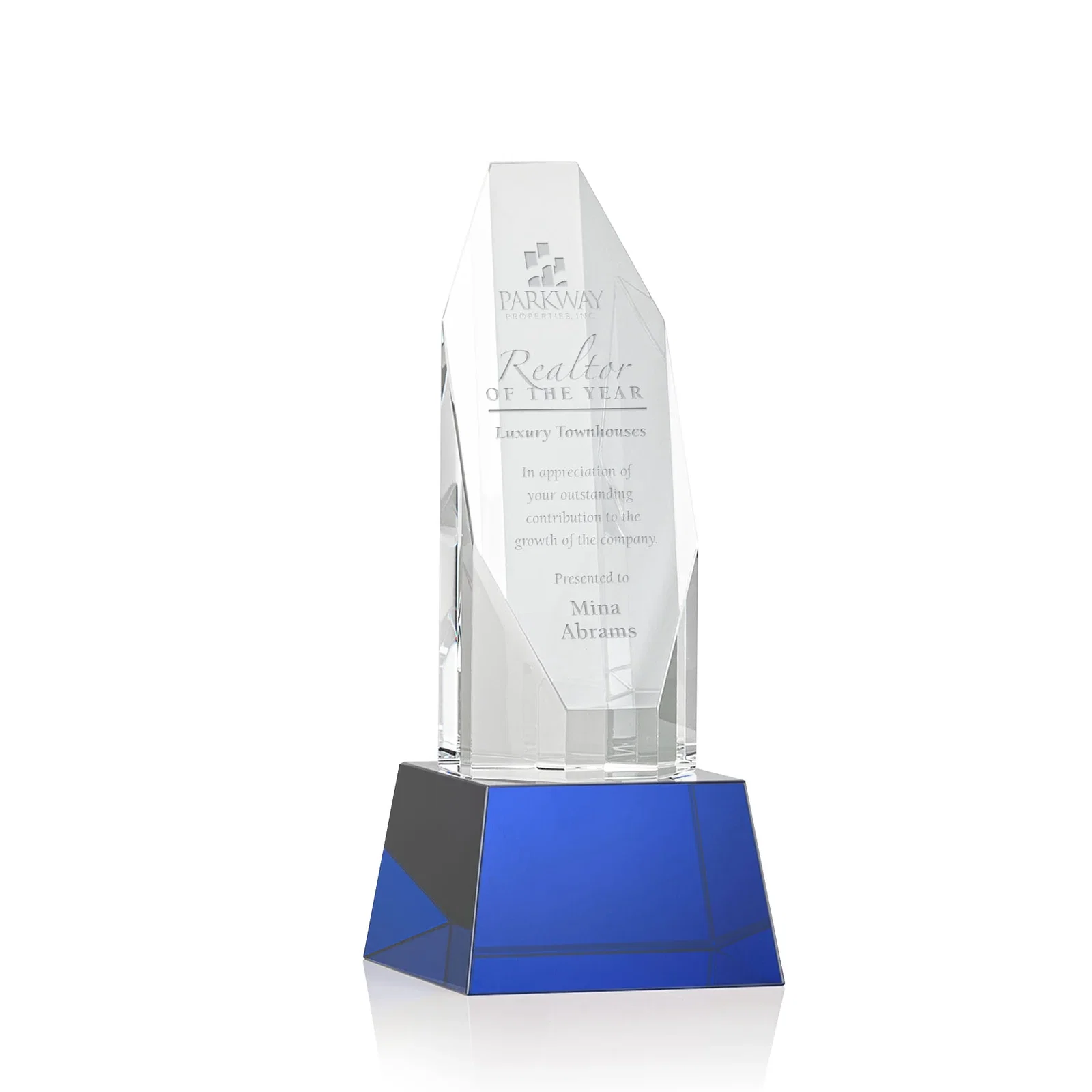 Personalized Optical Crystal Obelisk Award with Sheered Octagonal Diamond Face for team milestone celebrations