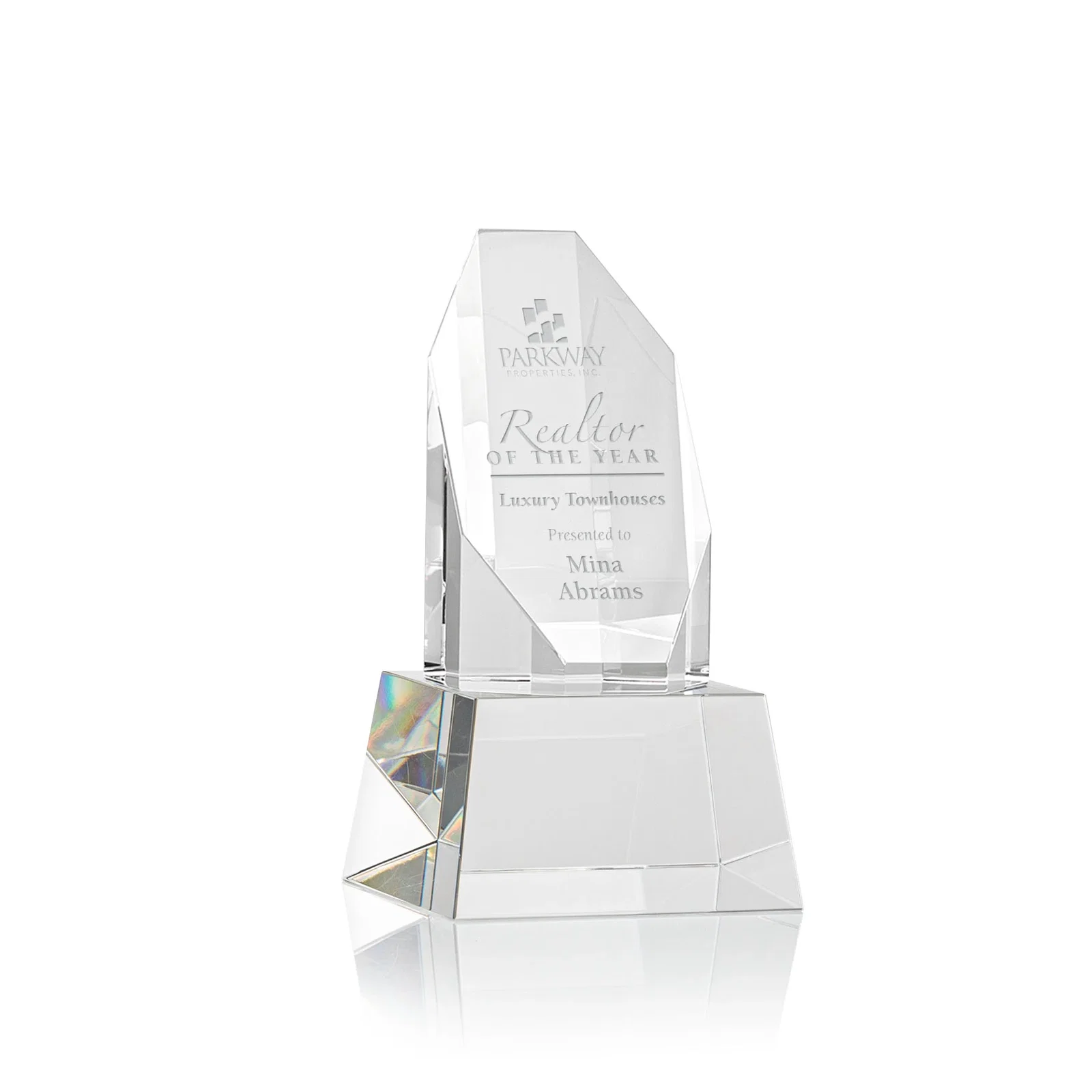 Custom Optical Crystal Obelisk Award with Sheered Octagonal Diamond Face for corporate award ceremonies