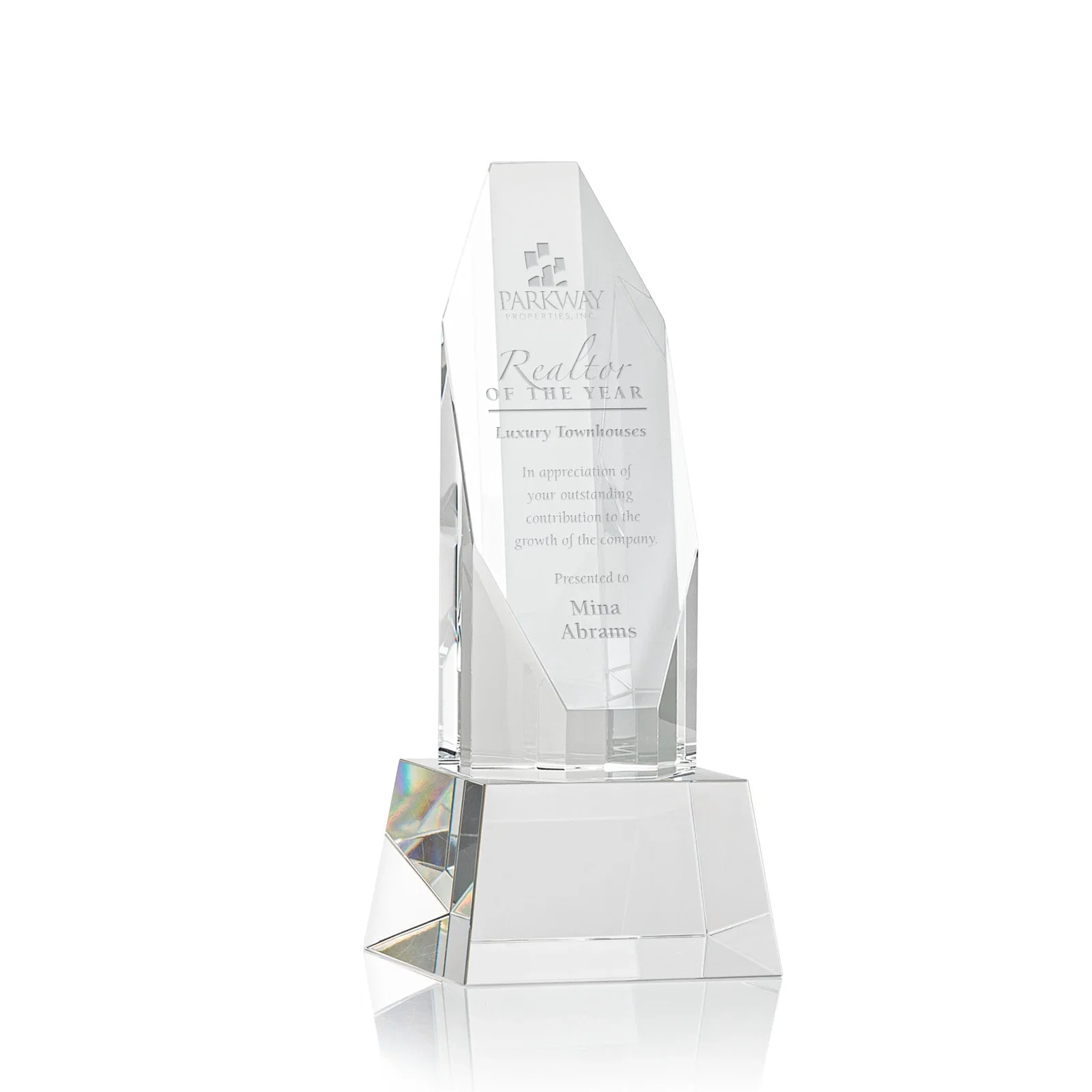 Custom Optical Crystal Obelisk Award with Sheered Octagonal Diamond Face for service anniversary gifts