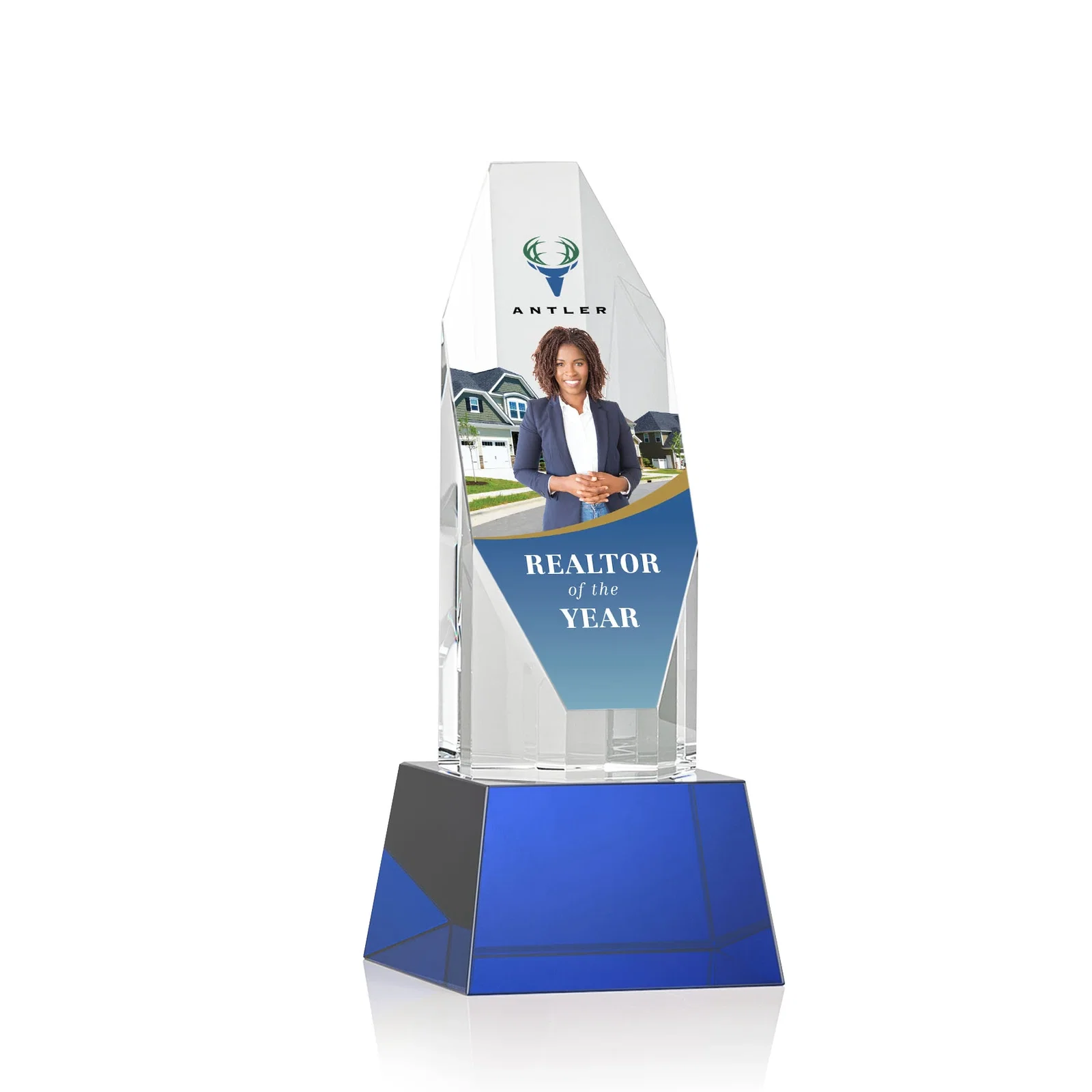 Branded Optical Crystal Obelisk Award with Sheered Octagonal Diamond Face for corporate award ceremonies
