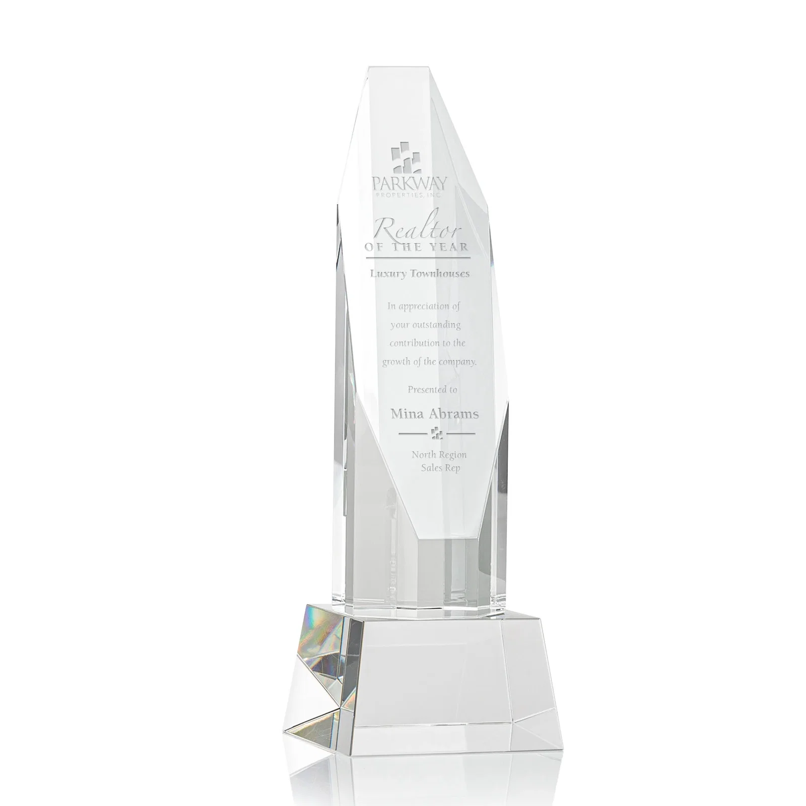 Custom Optical Crystal Obelisk Award with Sheered Octagonal Diamond Face for sales achievement awards