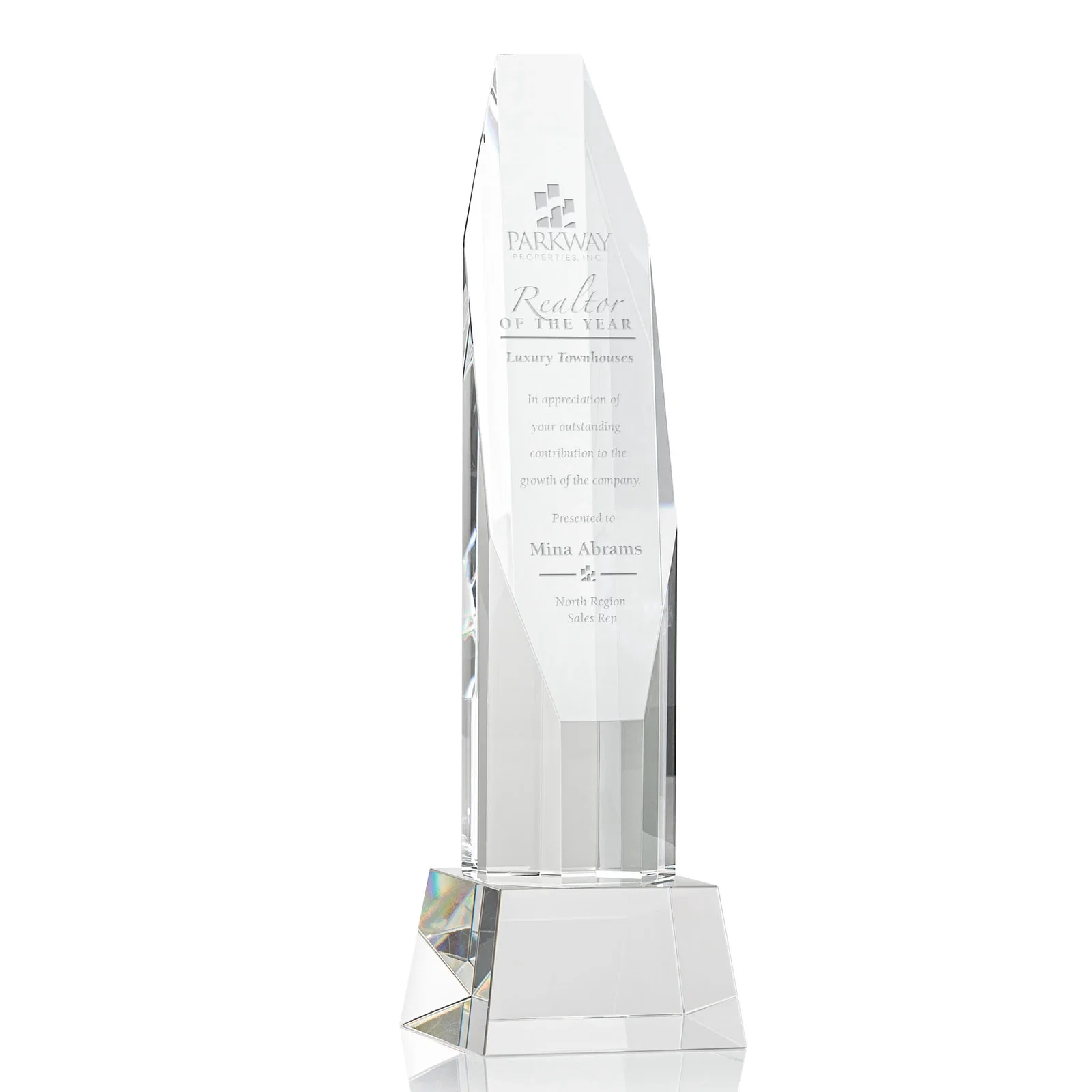 Custom Optical Crystal Obelisk Award with Sheered Octagonal Diamond Face for retirement presentations