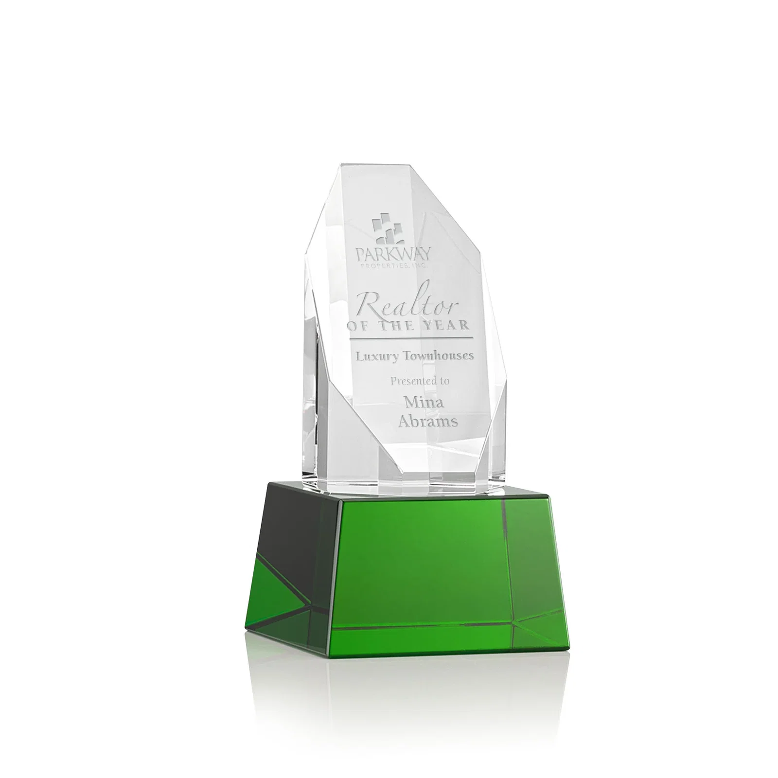 Custom Optical Crystal Obelisk Award with Sheered Octagonal Diamond Face for donor appreciation