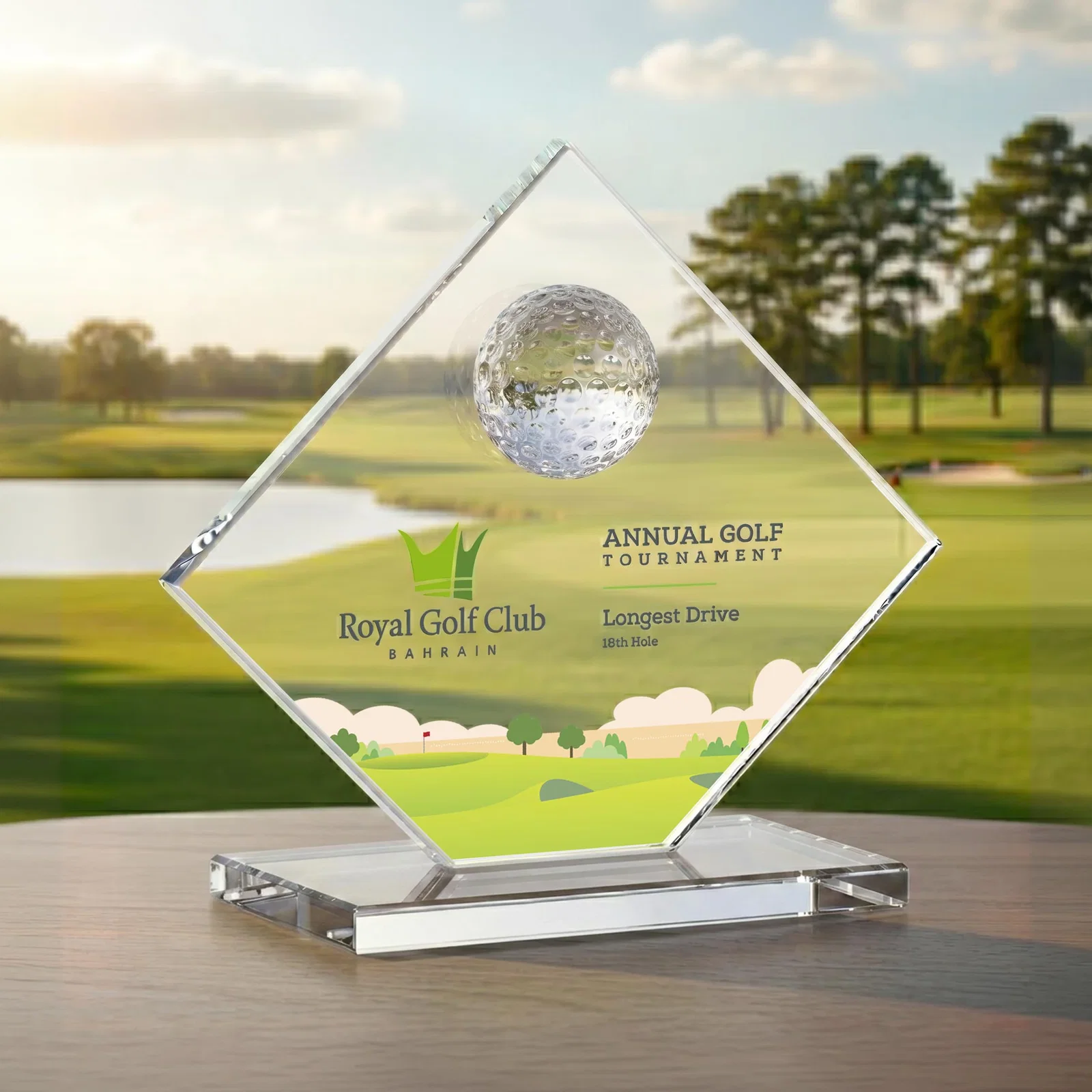 Personalized Starfire Crystal Diamond Award with 3D Golf Ball for employee recognition