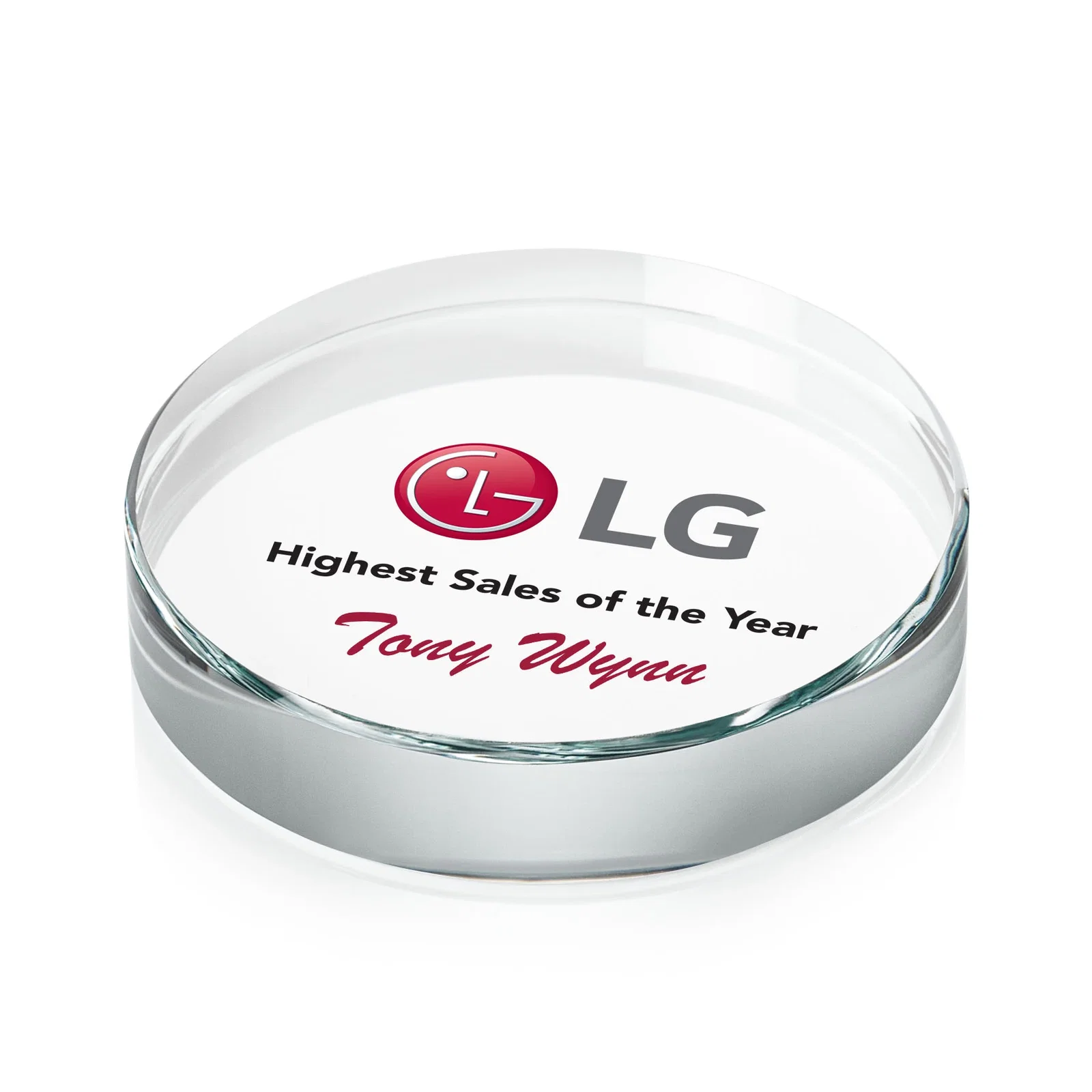 Custom Round Jade or Starfire Crystal Paperweight, 3.5" Diameter for service anniversary gifts