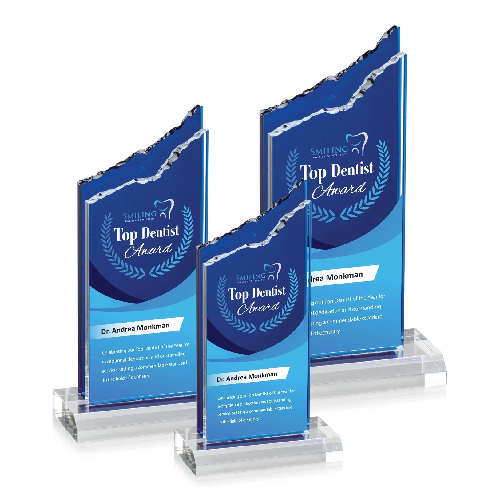 Custom Acrylic Mountain Award with Clear and Azure Double Pane for retirement presentations