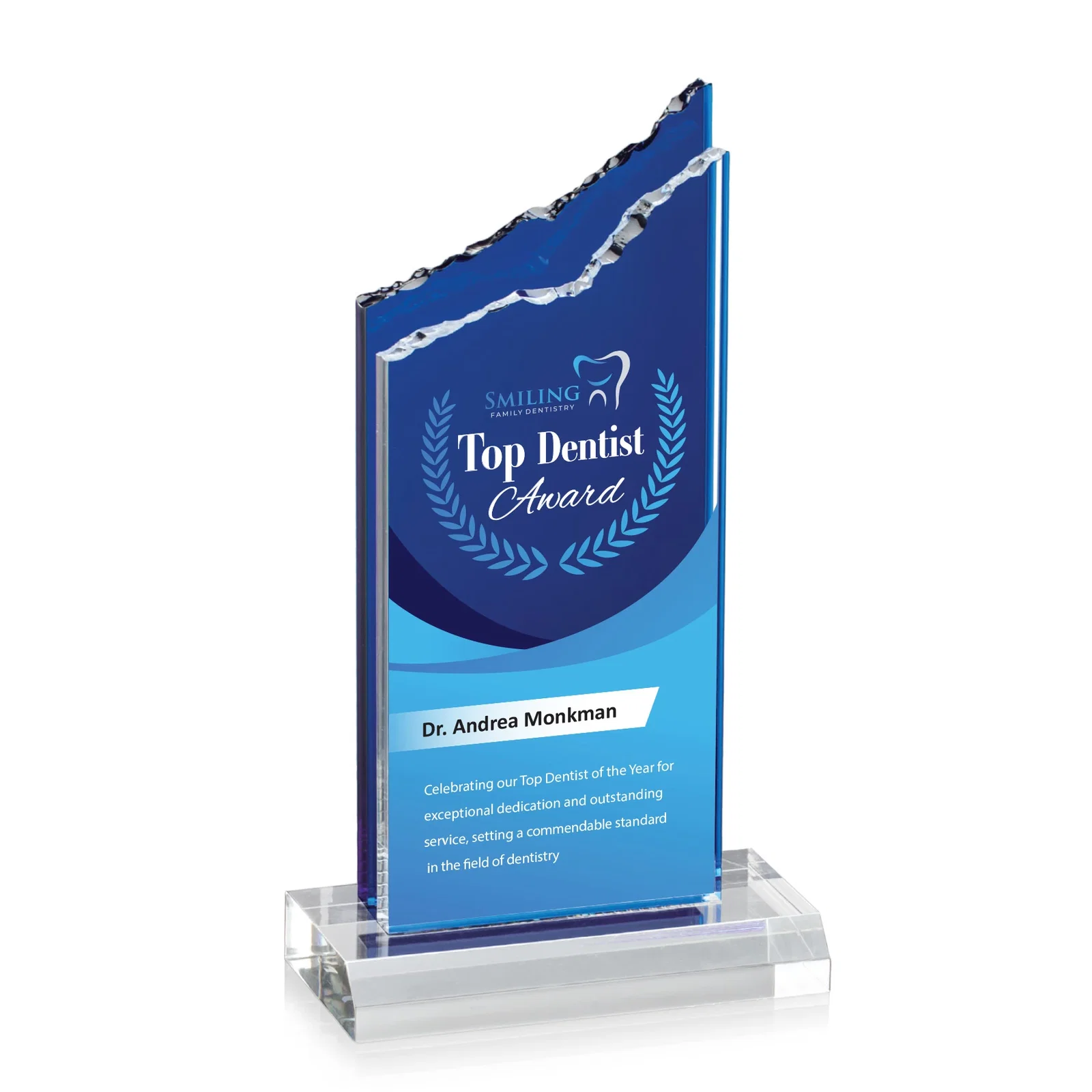 Custom Acrylic Mountain Award with Clear and Azure Double Pane for donor appreciation