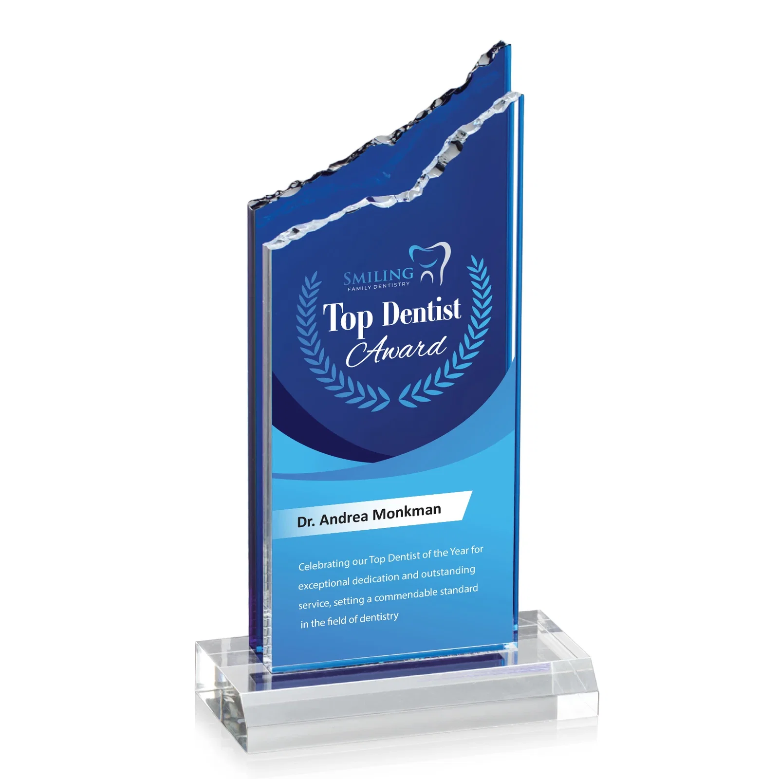 Custom Acrylic Mountain Award with Clear and Azure Double Pane for graduation ceremonies