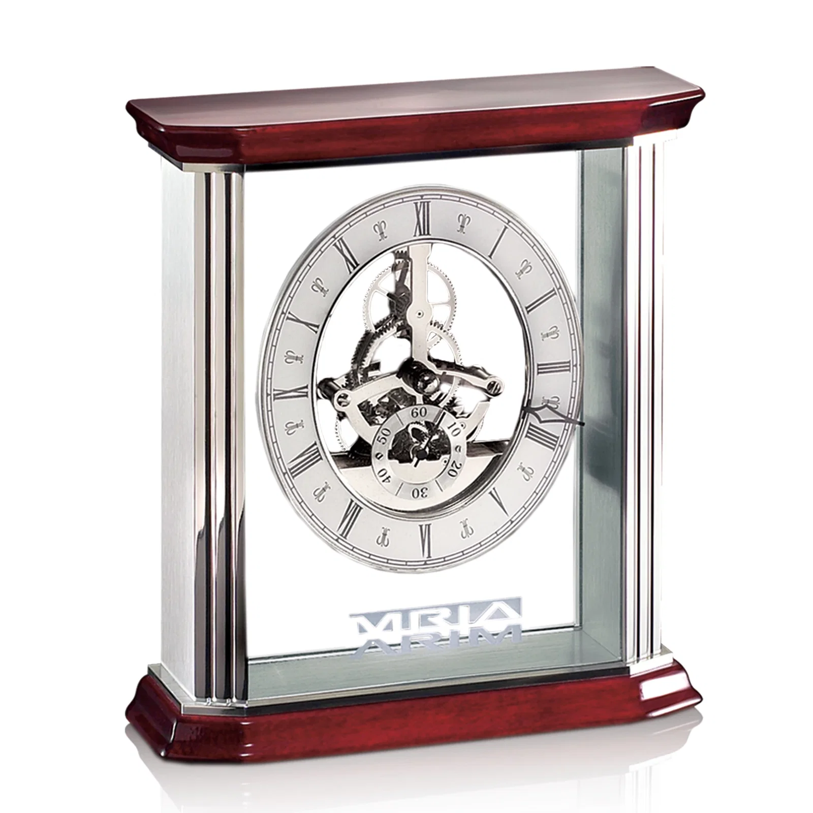 Custom Chrome Rosewood and Glass Modern Mantle Clock for employee recognition