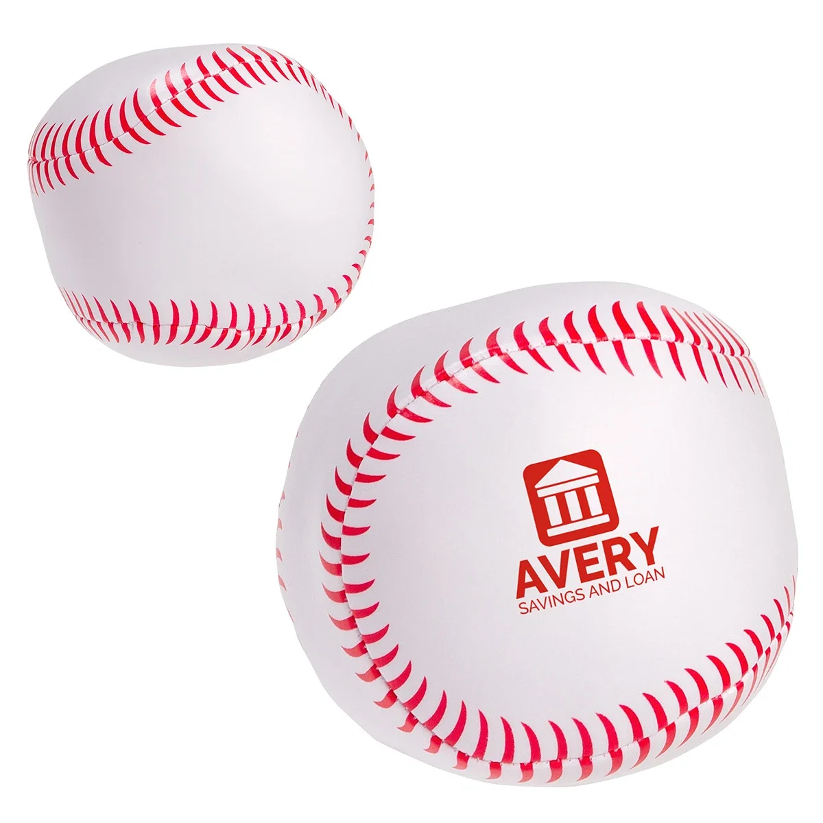 Baseball-shaped soft vinyl squeeze ball with fiberfill polypropylene stuffing