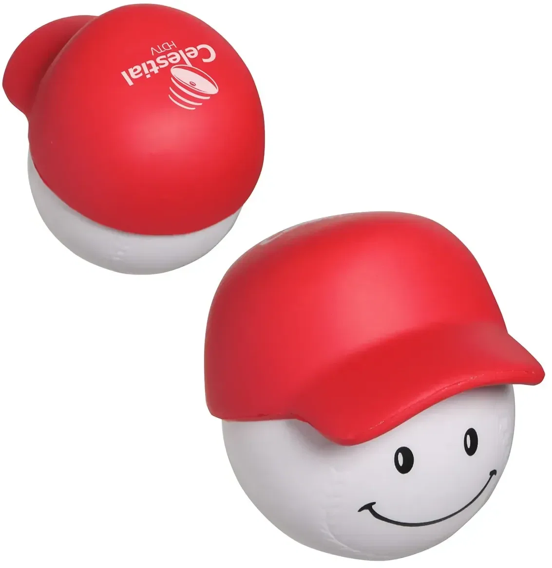 Custom baseball cap-shaped promotional stress reliever squeeze toy, front view with logo area
