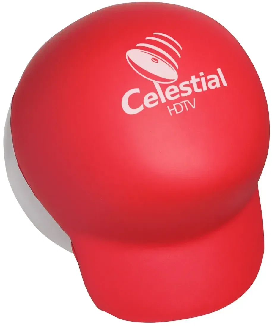 Branded baseball cap stress reliever squeeze toy, side profile showing curved bill detail