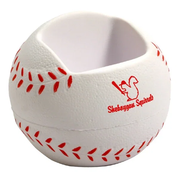 Baseball shaped desktop bin stress reliever with stitched seam detail, 3.25 inches in diameter