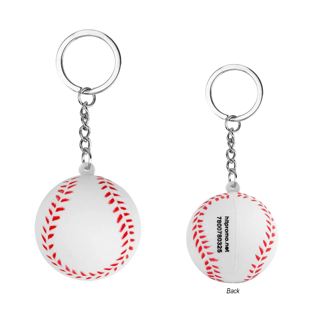 Mini baseball dangling from its metal split ring