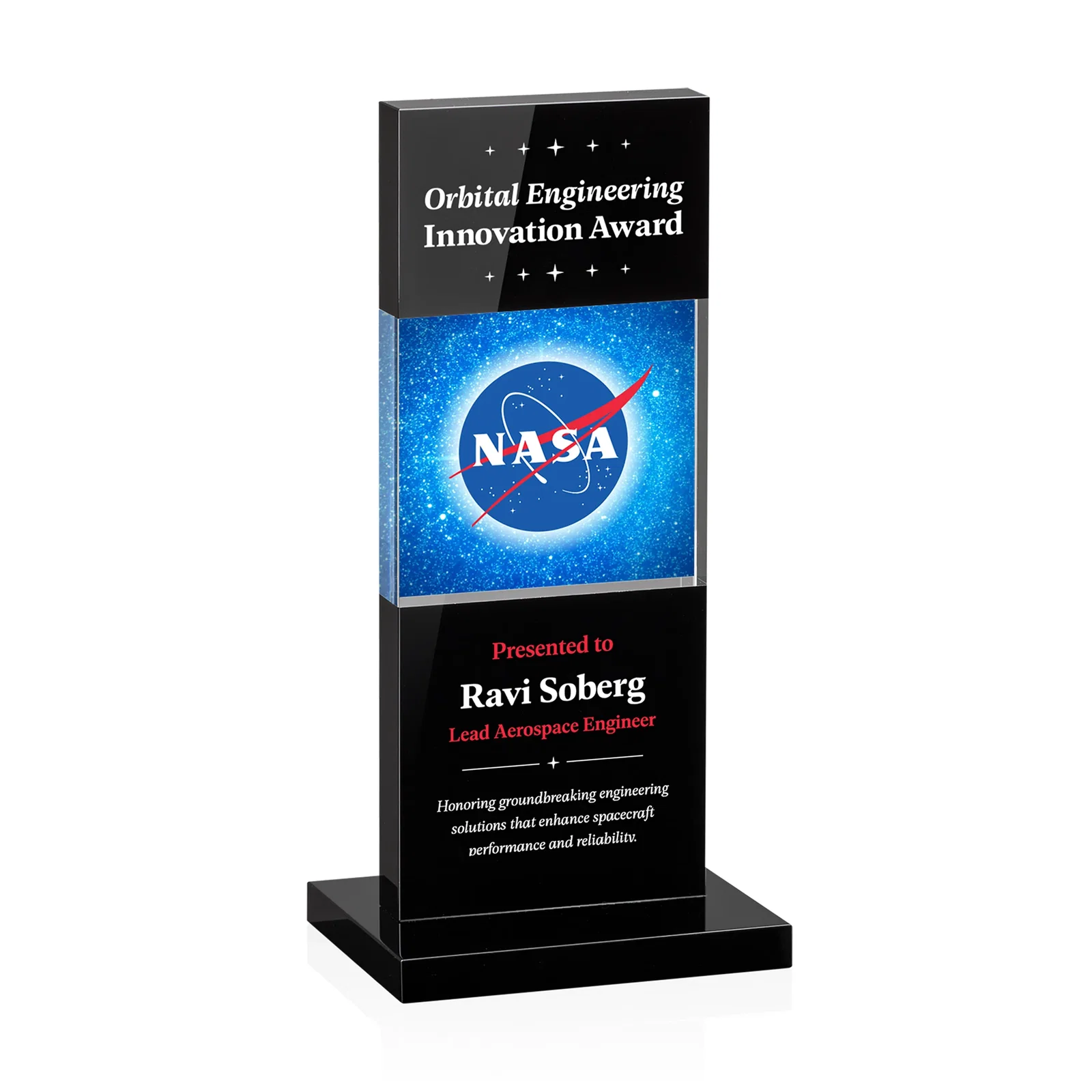 Personalized Black and Clear Optical Crystal Award with Intersecting Panel, awards for donor appreciation