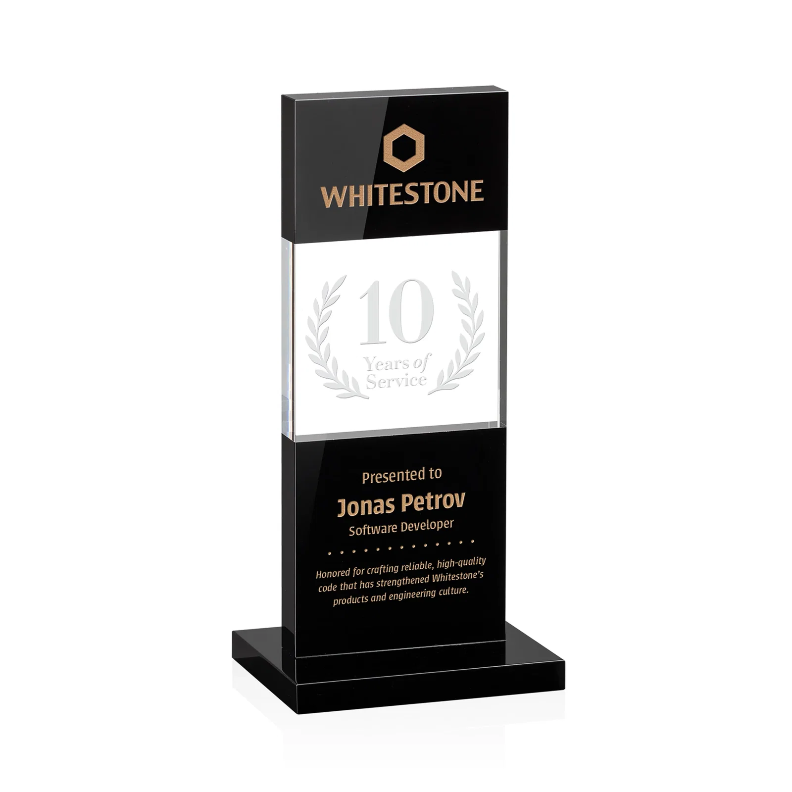 Custom Black and Clear Optical Crystal Award with Intersecting Panel, awards for corporate award ceremonies