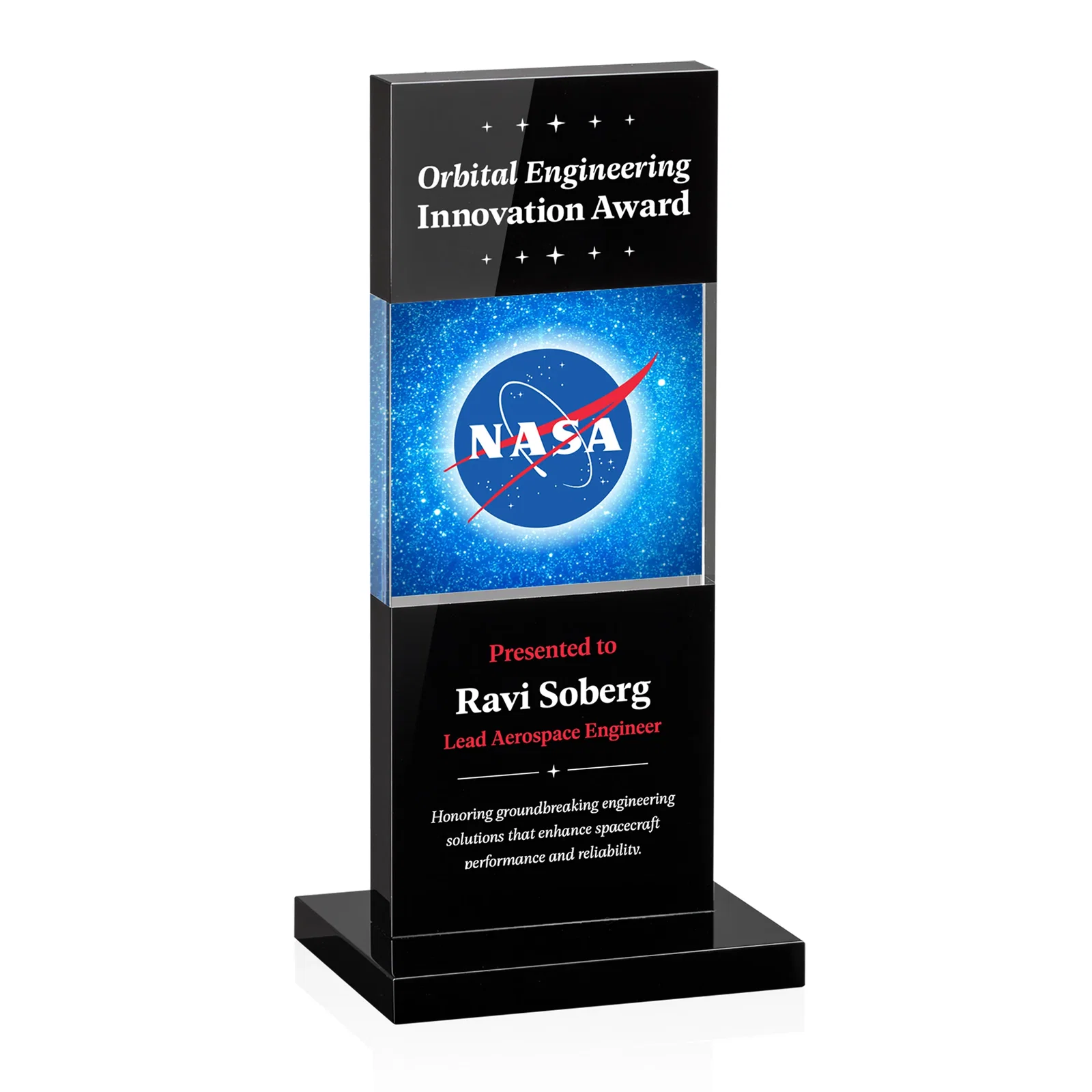 Personalized Black and Clear Optical Crystal Award with Intersecting Panel, awards for graduation ceremonies