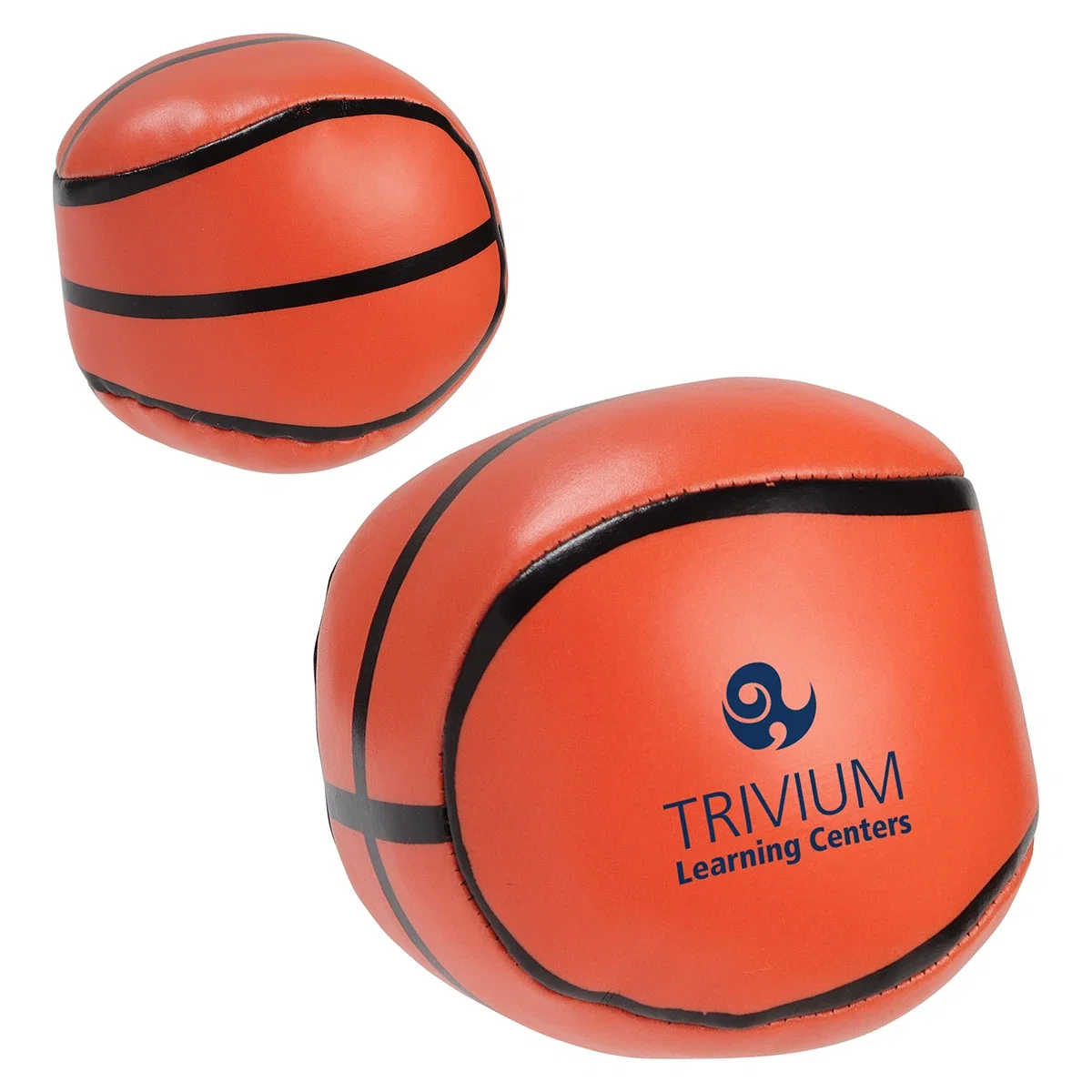 Basketball-shaped soft vinyl squeeze ball with fiberfill polypropylene stuffing