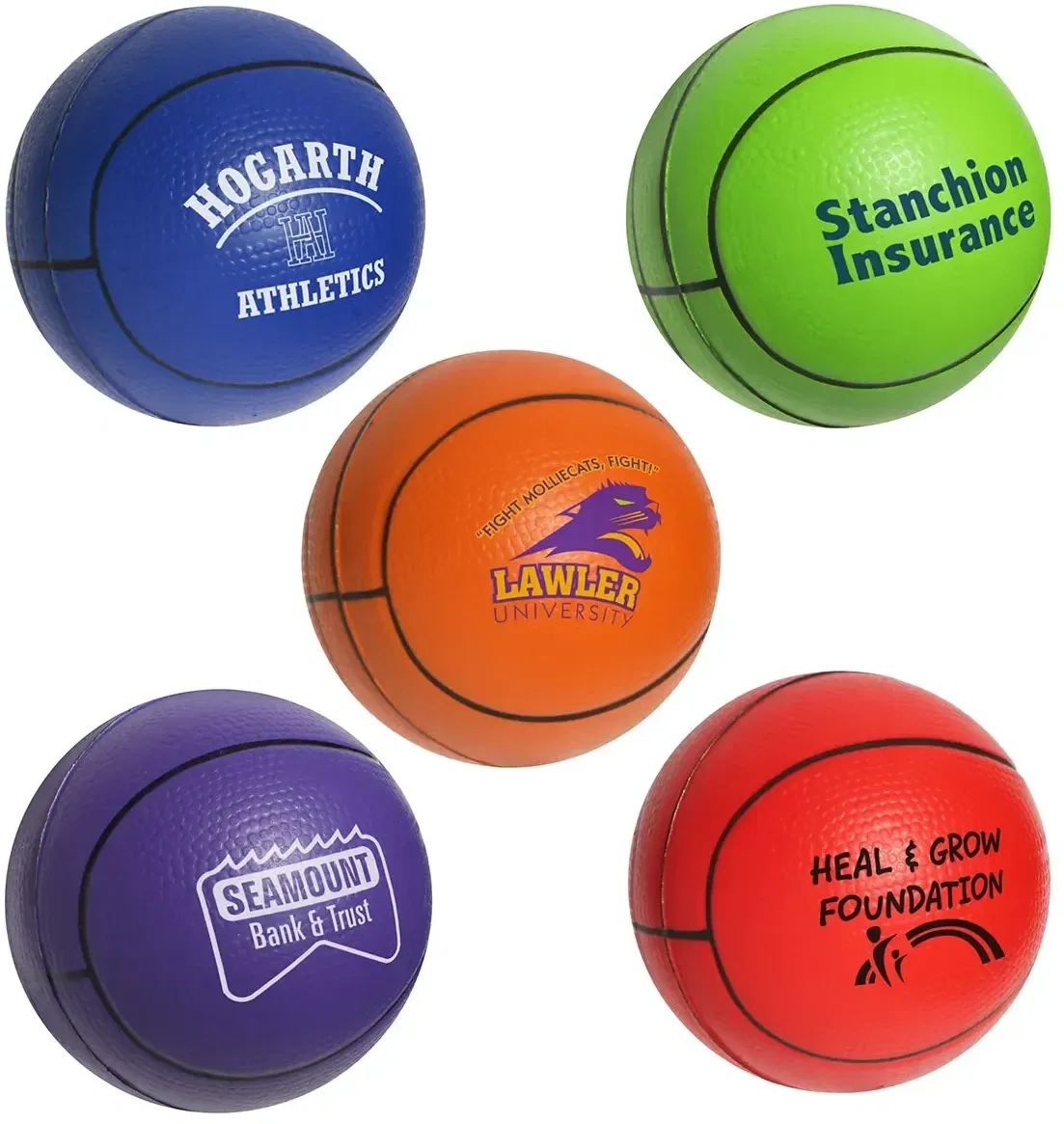 Basketball-shaped stress reliever with custom logo, promotional branded squeeze toy for teams