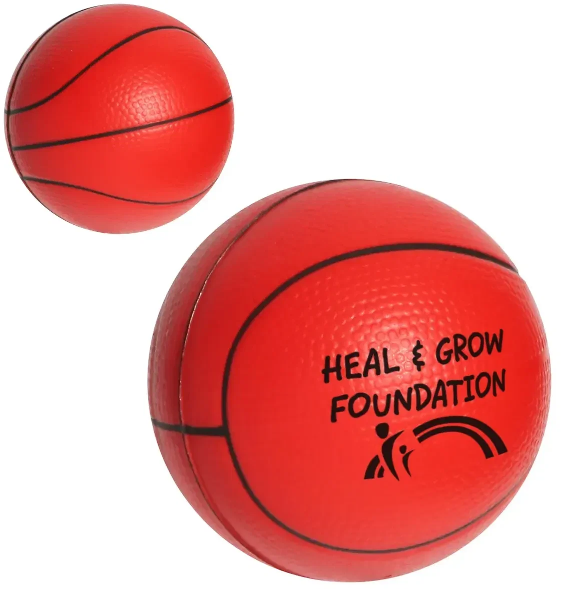 Custom basketball stress reliever close-up of logo, branded sports squeeze toy