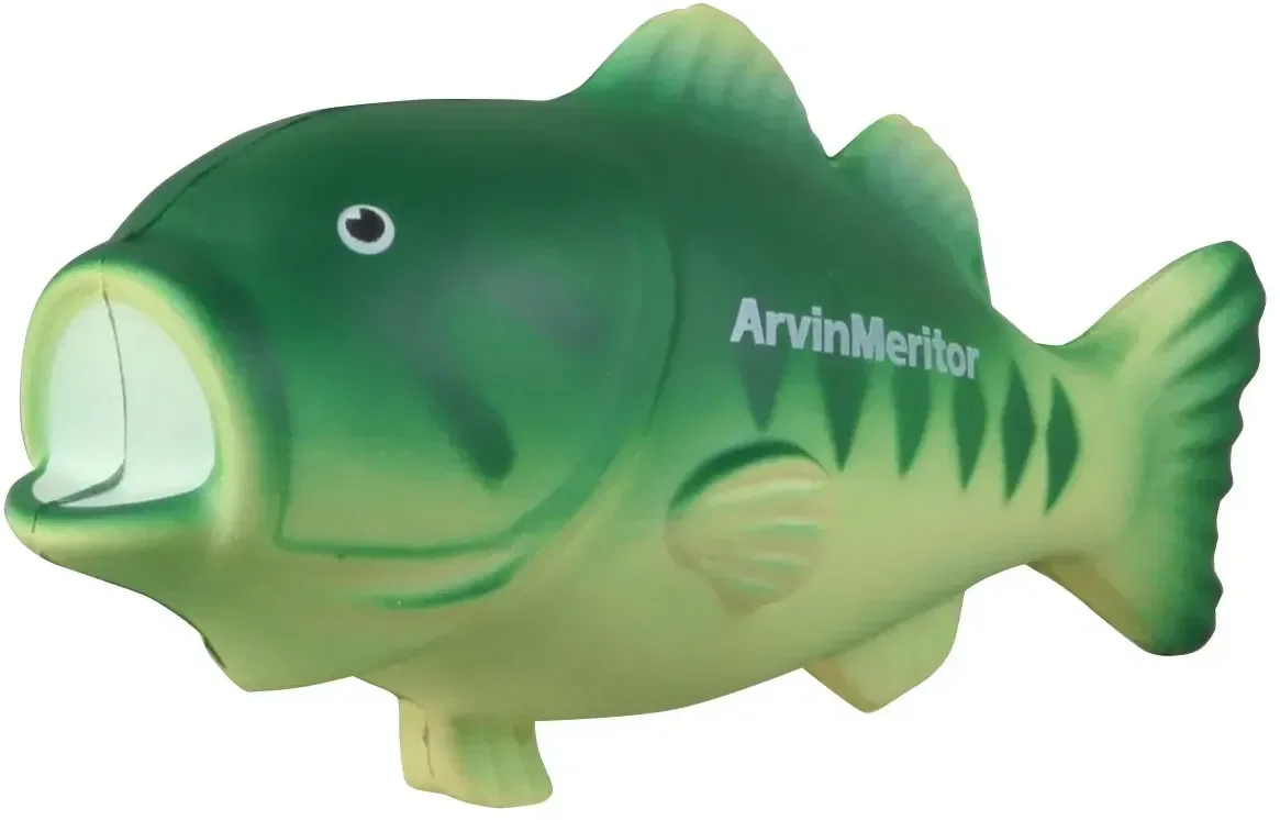 Bass Fish Stress Reliever custom promotional squeeze toy, front view of branded bass toy