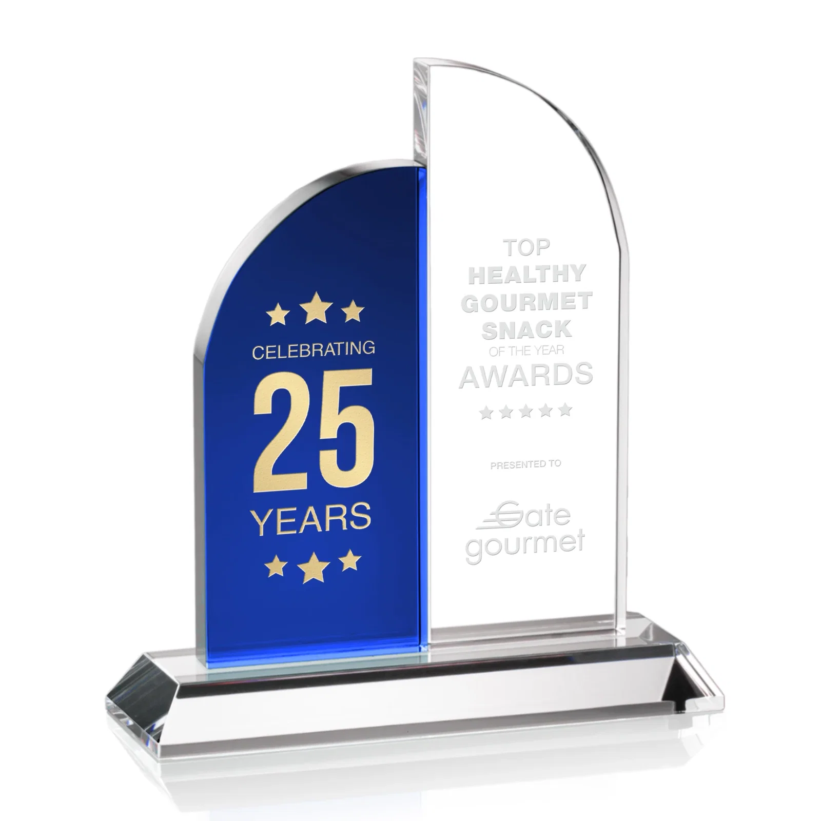 Custom Optical Crystal Twin Tablet Award on Beveled Base, awards for corporate award ceremonies