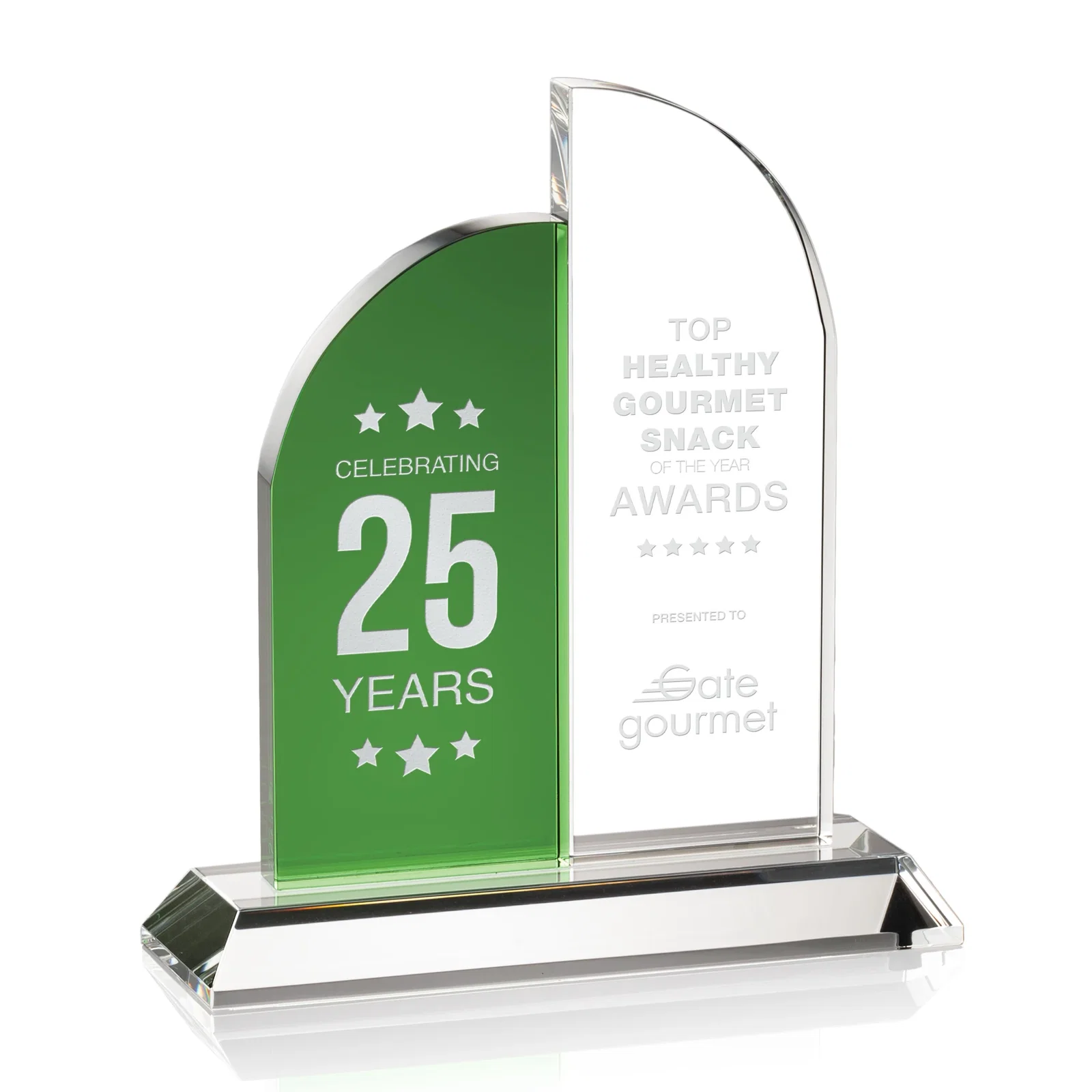 Custom Optical Crystal Twin Tablet Award on Beveled Base, awards for service anniversary gifts