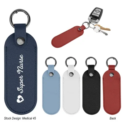 Black leatherette key tag paired with a metal carabiner