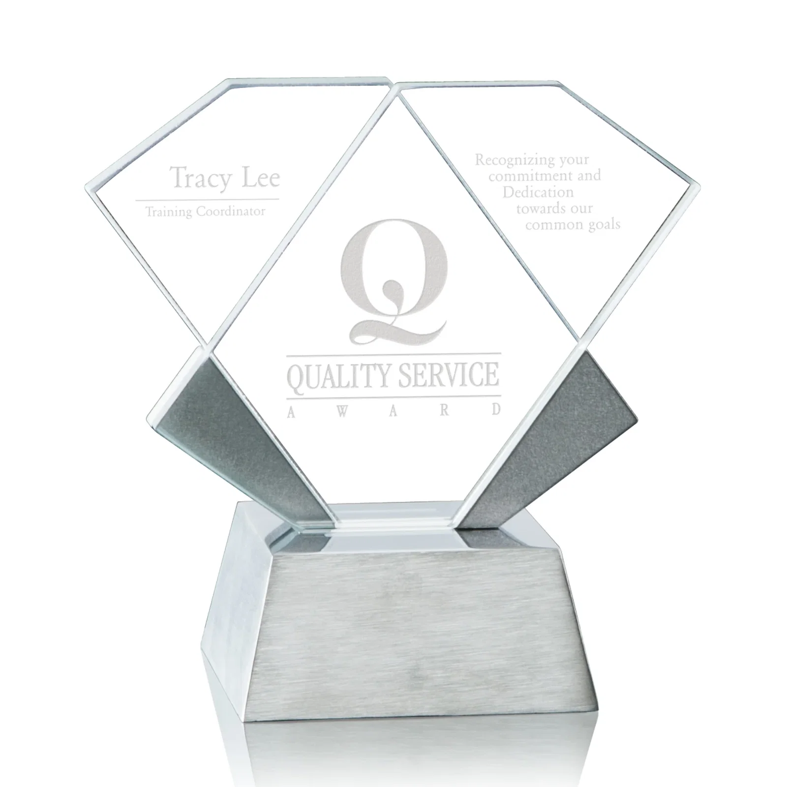 Custom Overlapping Starfire Crystal Wings Award on Solid Aluminum Base, metal awards for employee recognition