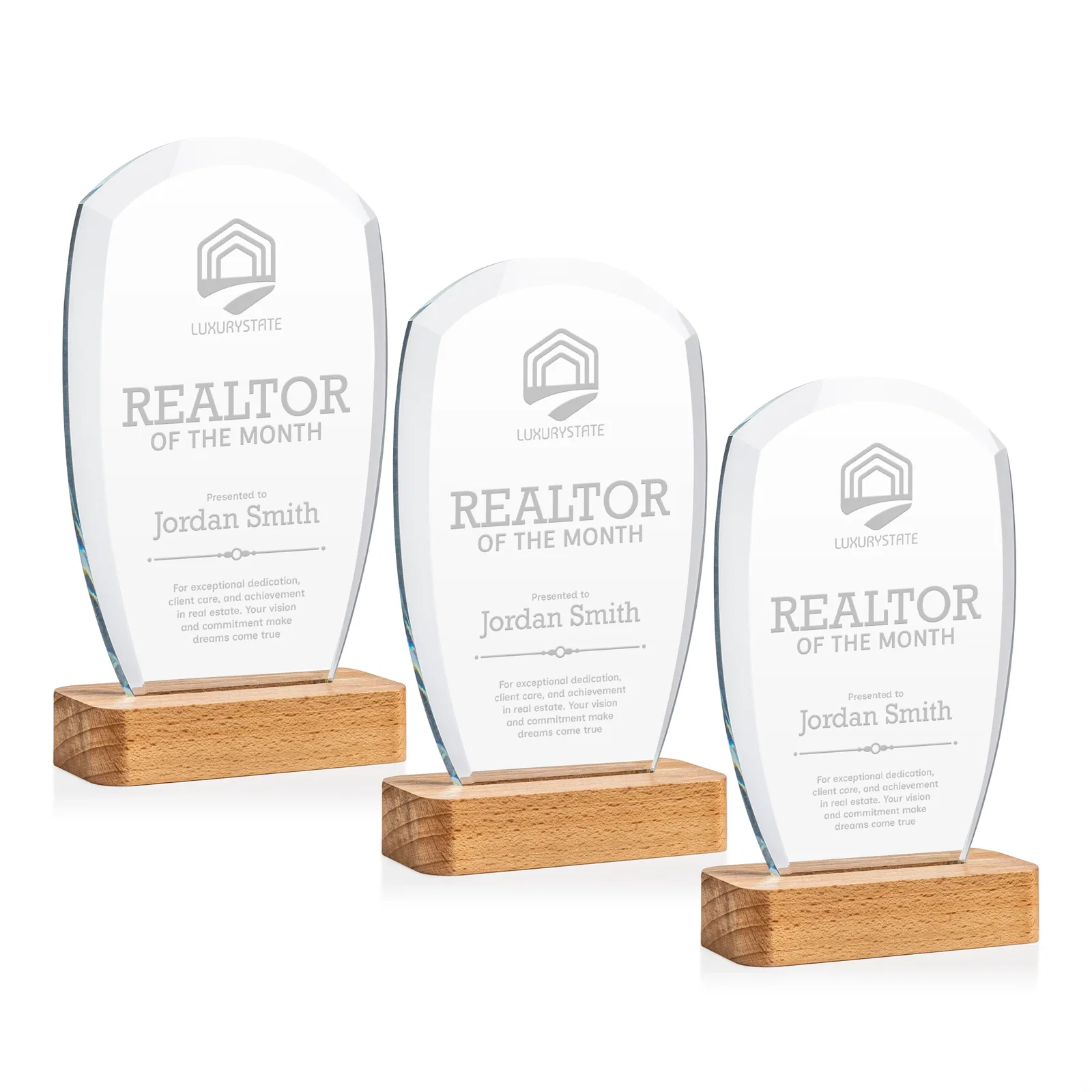 Custom Starfire Crystal Panel Award on Beechwood Base for employee recognition
