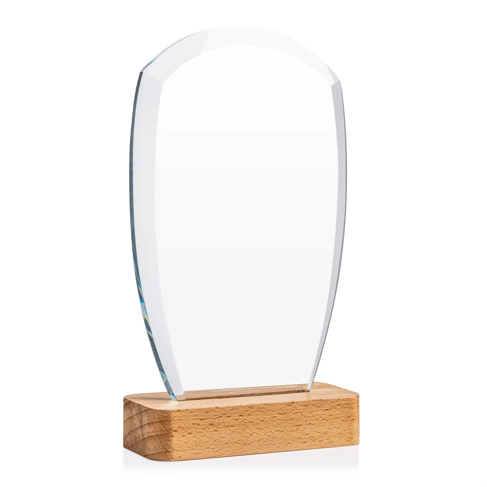 Custom Starfire Crystal Panel Award on Beechwood Base for company anniversary events